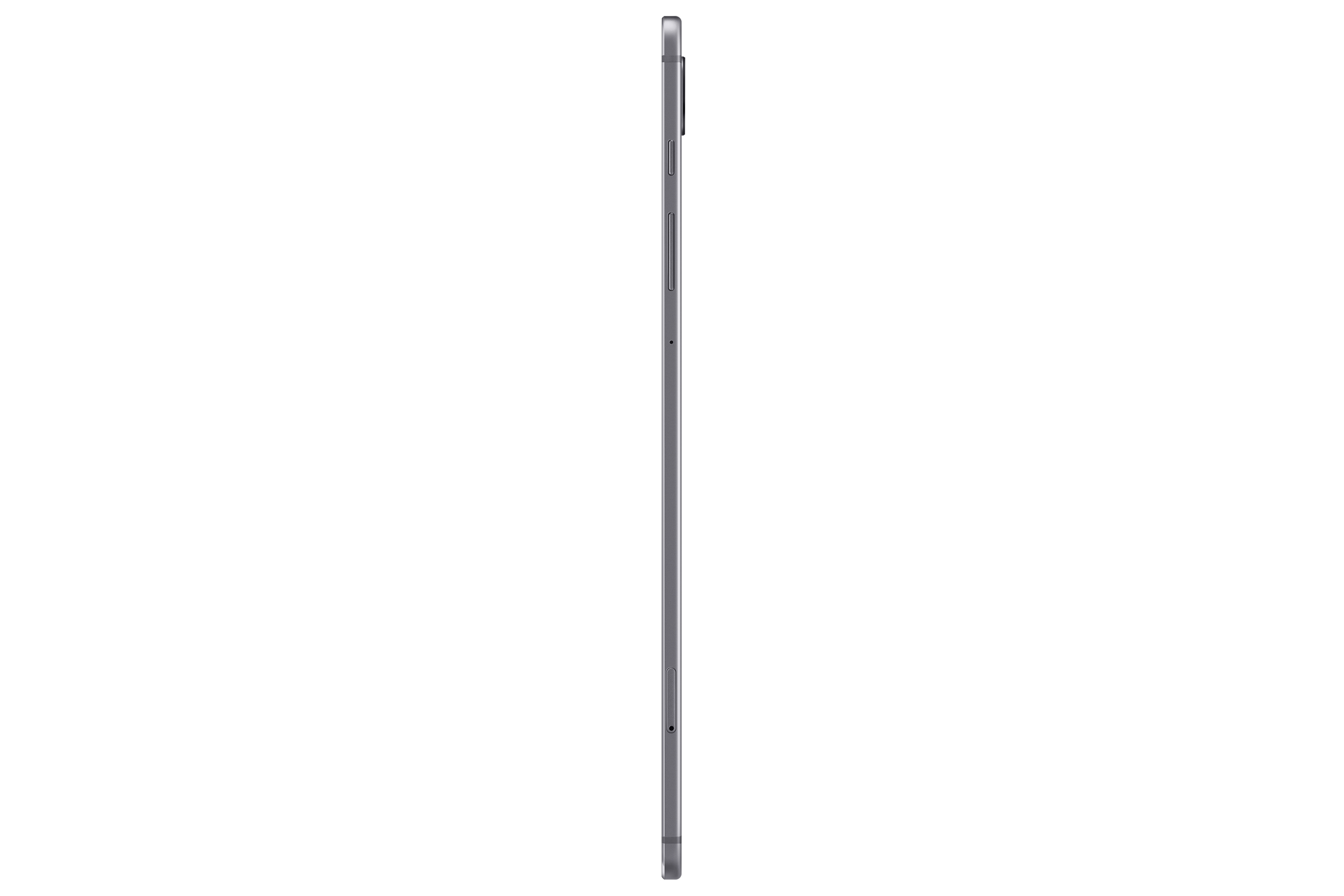Ein graues Tablet, von der Seite gesehen, zeigt ein schlankes Design vor weißem Hintergrund.