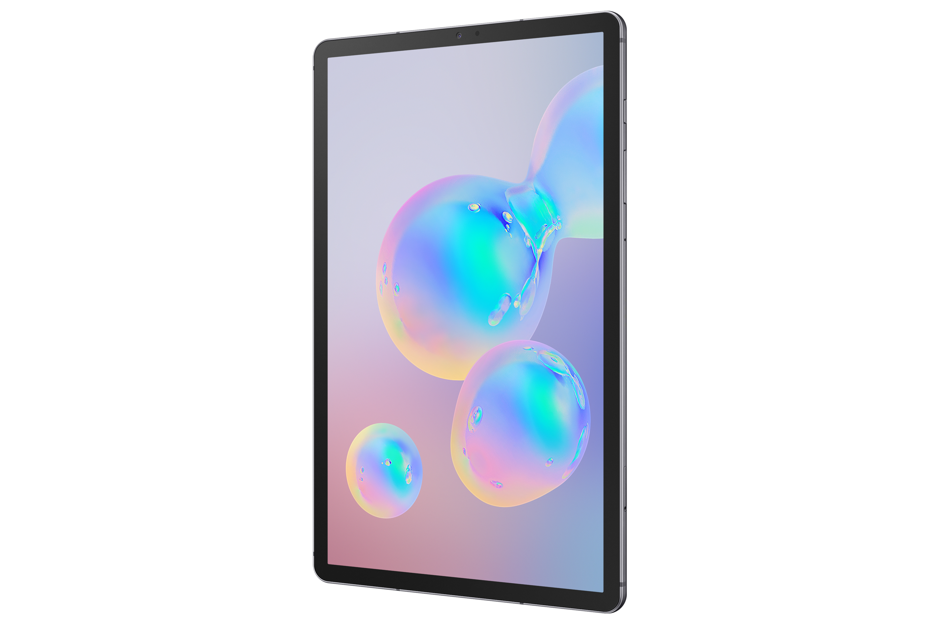 Ein Tablet mit hellem Bildschirm, der farbenfrohe, abstrakte Kugeln zeigt.