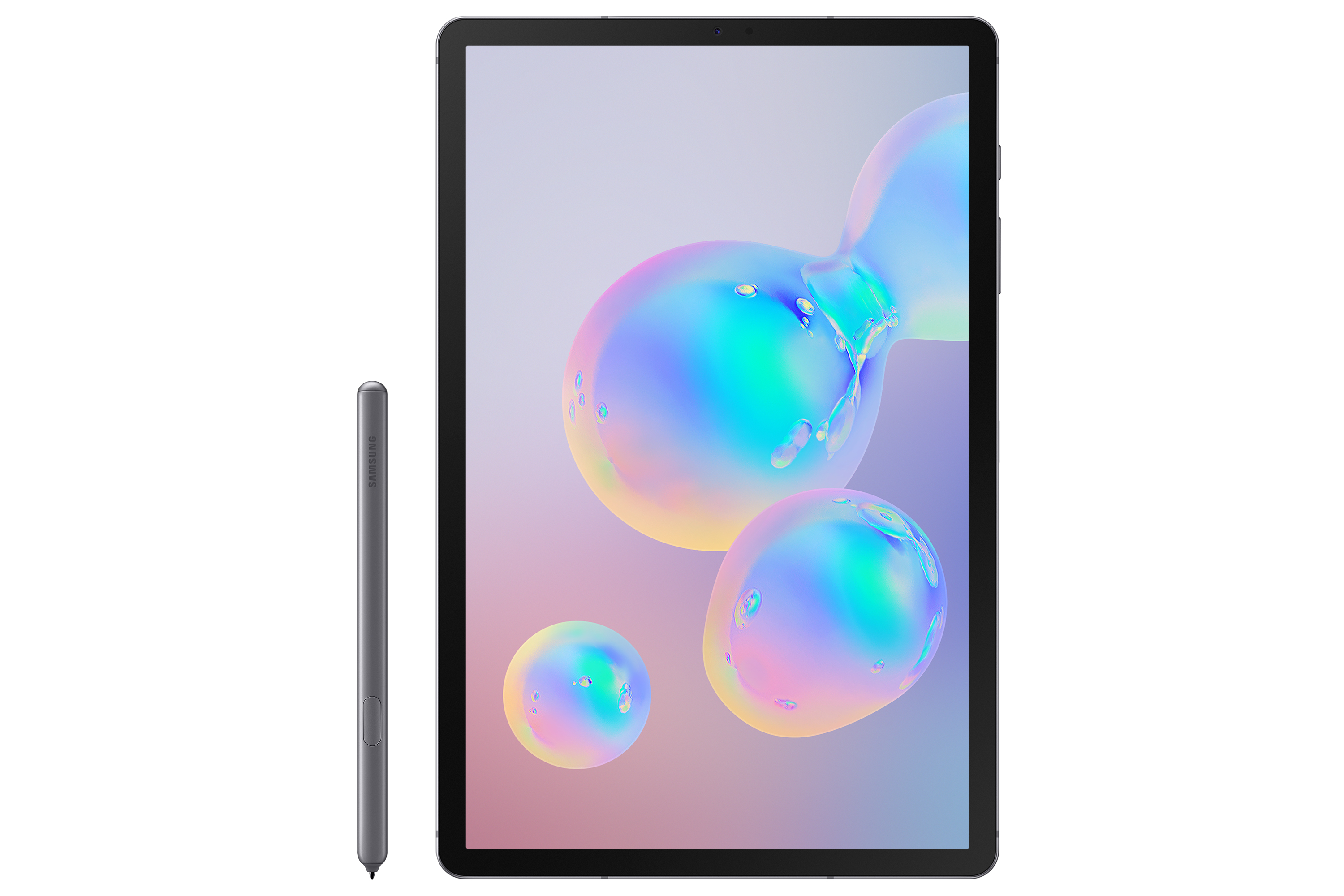 Ein Tablet mit Stift. Der Bildschirm zeigt bunte, irisierende Blasen. Weißer Hintergrund.