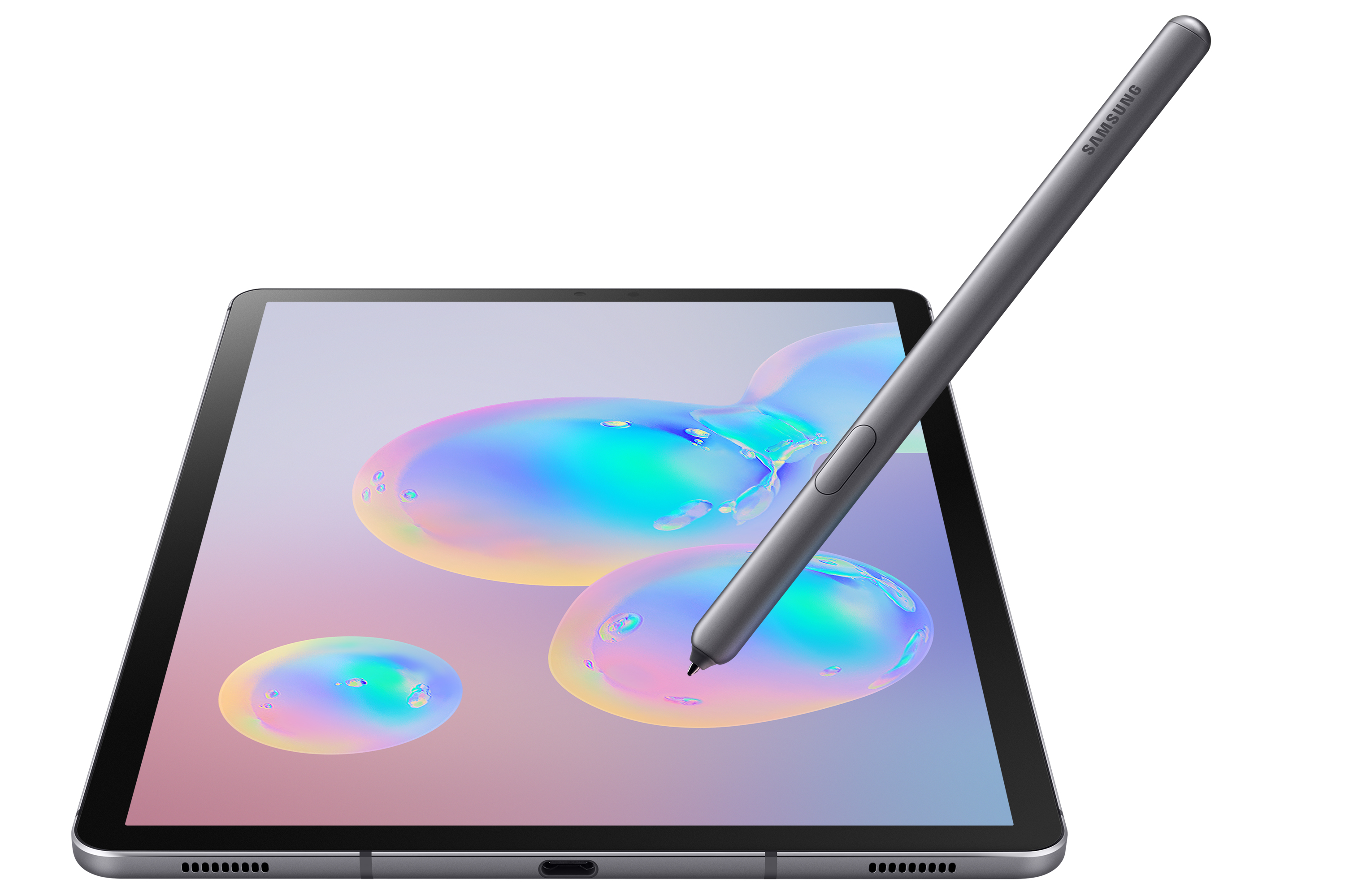 Ein Tablet mit Stift. Das Tablet hat einen bunten abstrakten Hintergrund mit blasenartigen Formen.