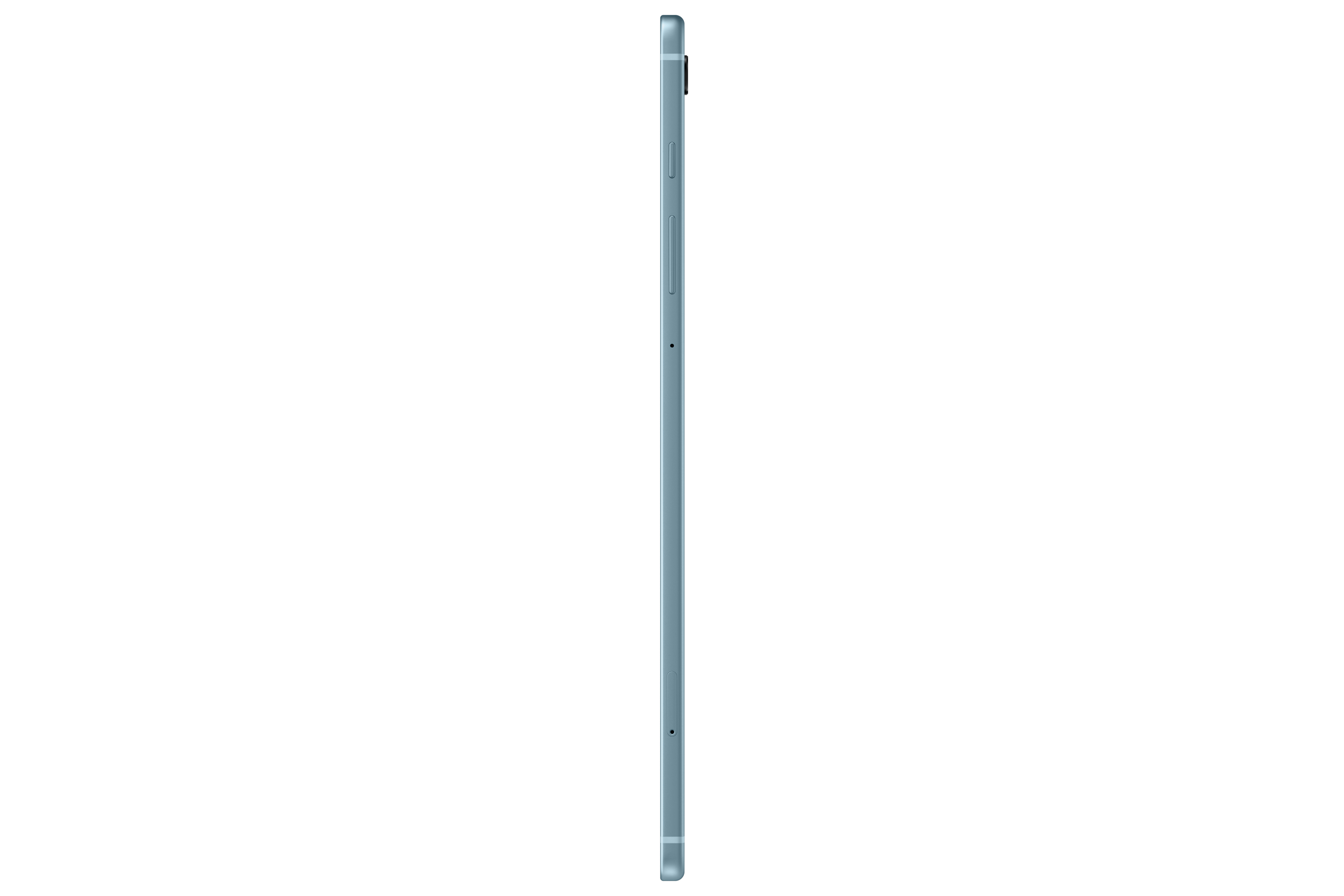 Seitenansicht eines blauen Tablets, schlankes Profil.