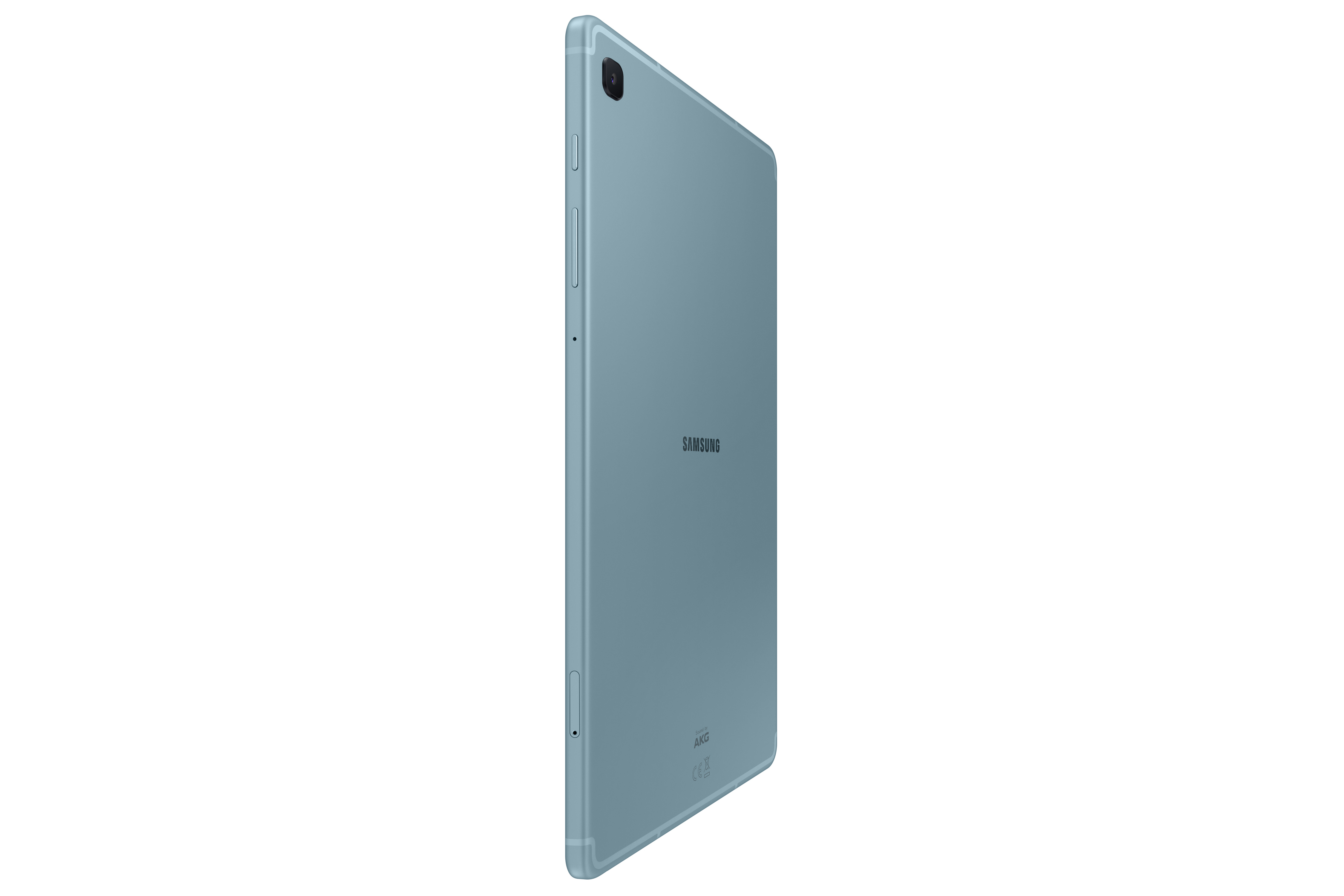 Ein blaues Samsung-Tablet, von der Seite gezeigt.