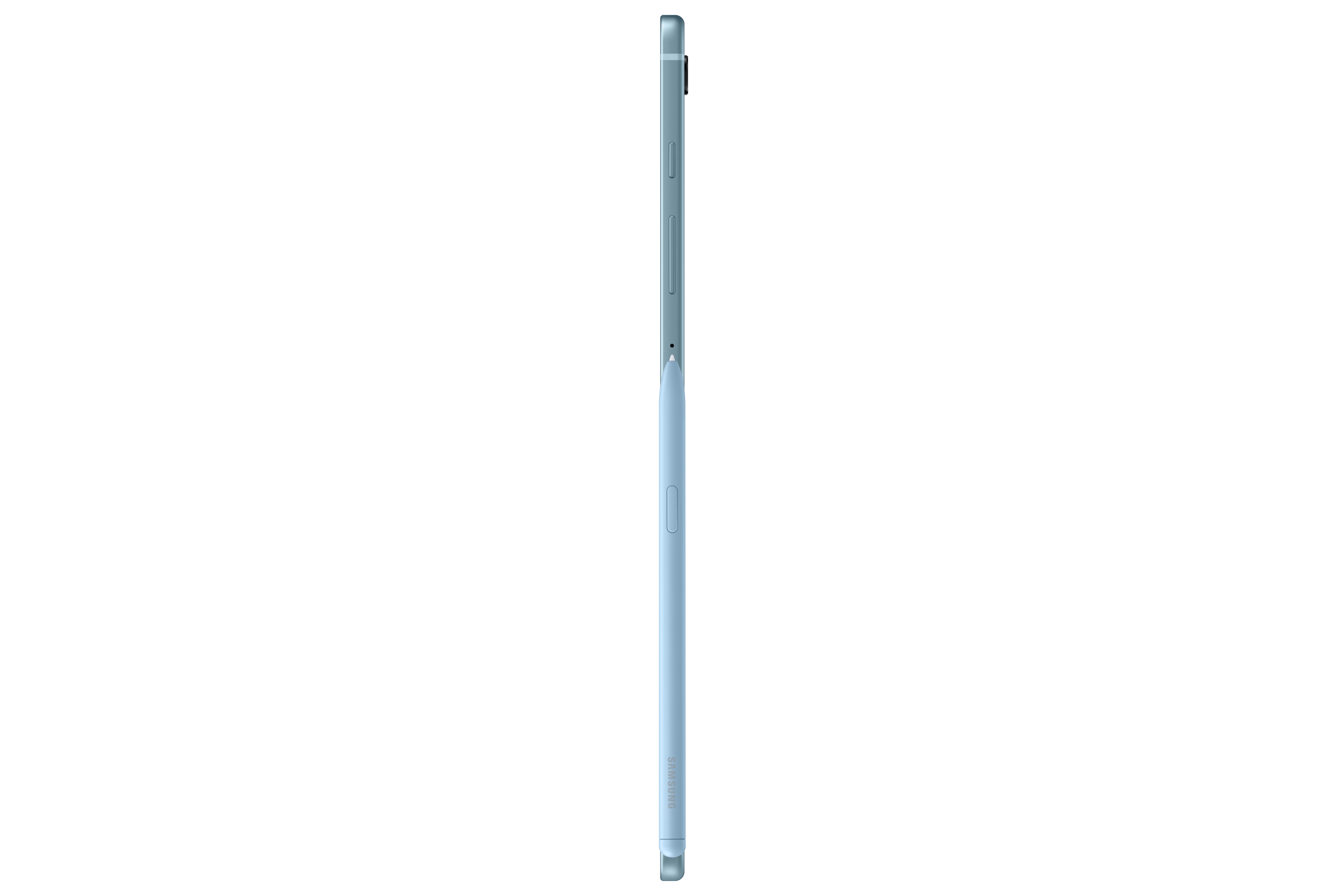 Hellblaues Tablet, Seitenansicht. Das Seitenprofil des Tablets mit Stift wird gezeigt.