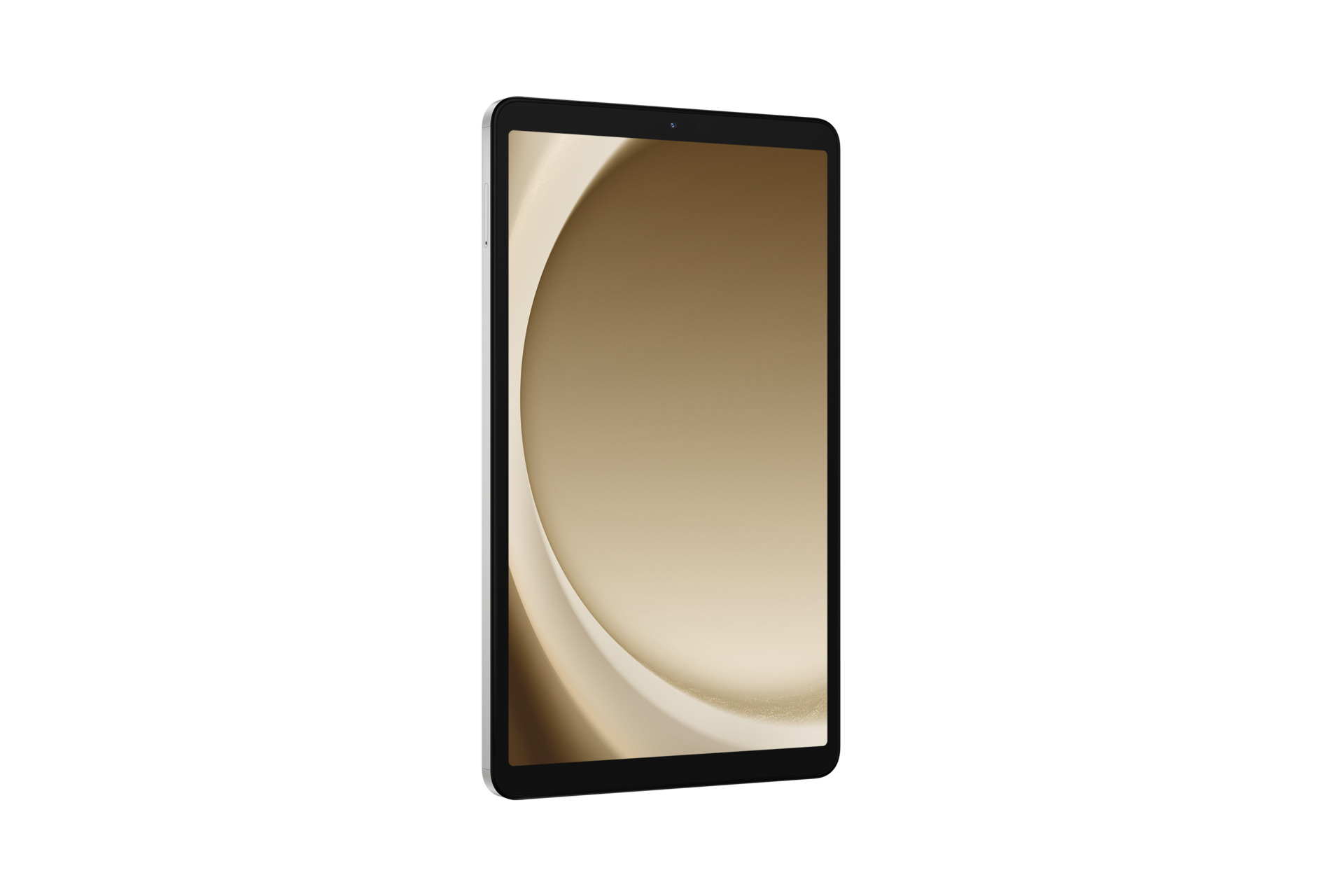 Tablet argentato con design beige curvo sullo schermo, sfondo bianco.