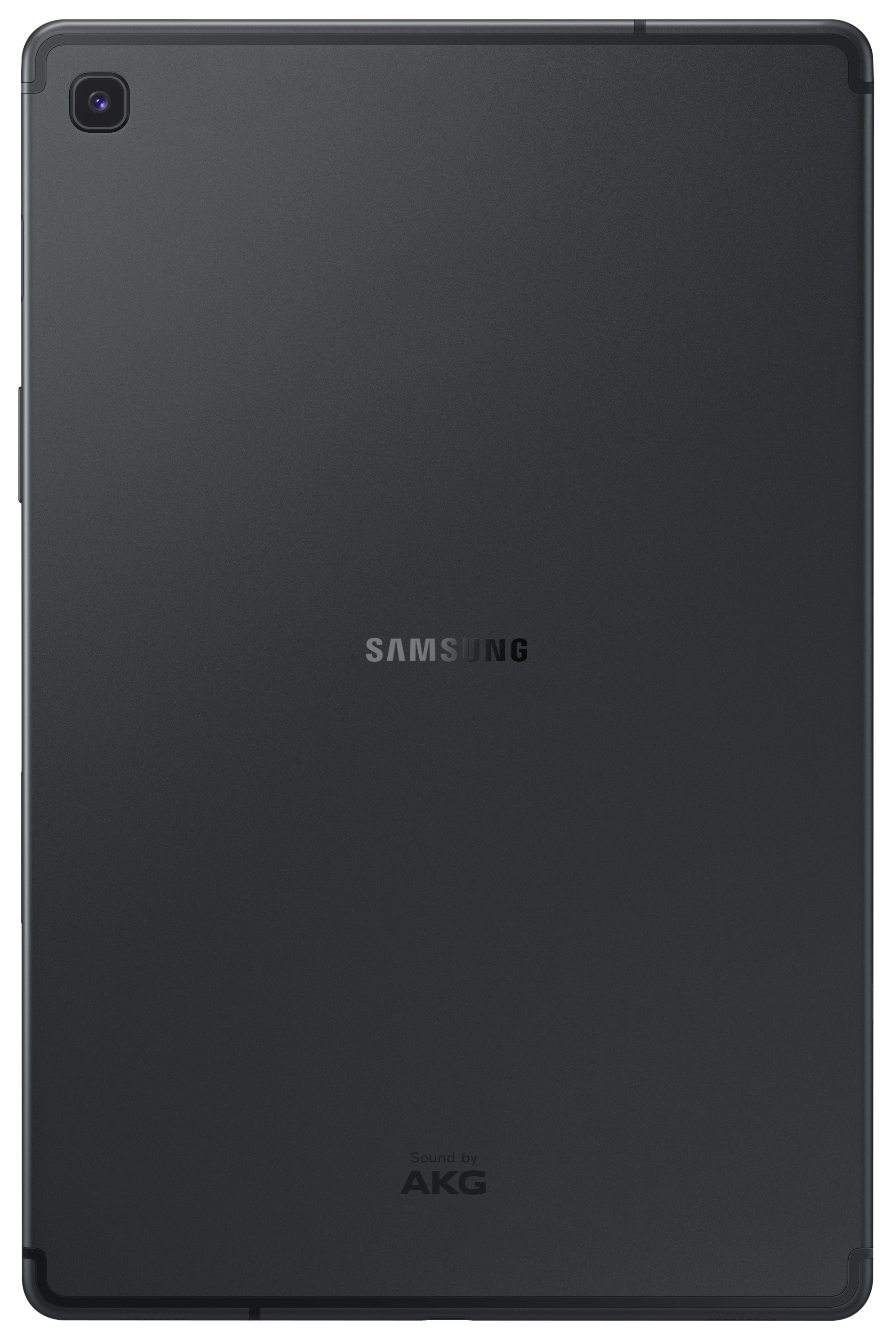 Parte trasera de una tableta negra. Logotipo de Samsung centrado, cámara arriba a la izquierda.