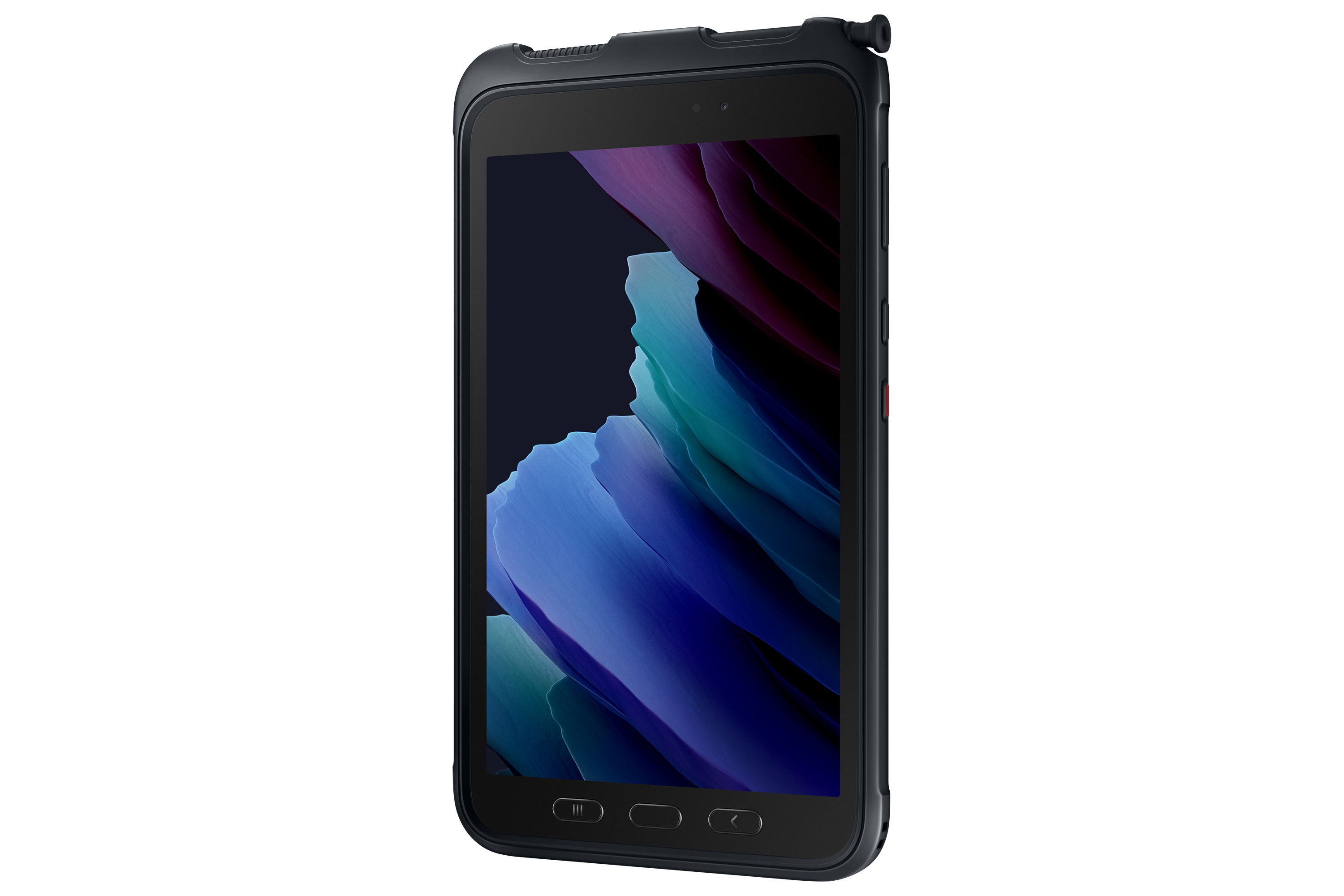 Un tablet nero con custodia protettiva, angolato, con schermo scuro.