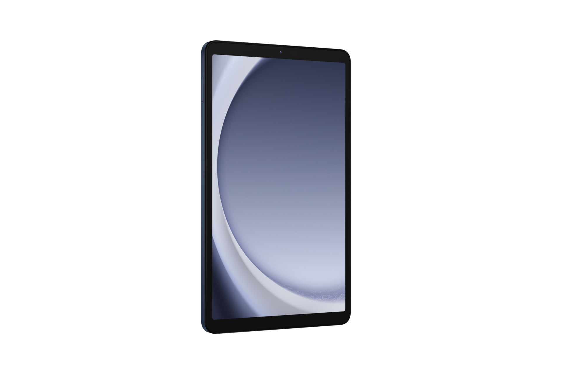 Tablet blu, schermo acceso, che mostra uno sfondo sfumato. Sfondo bianco.
