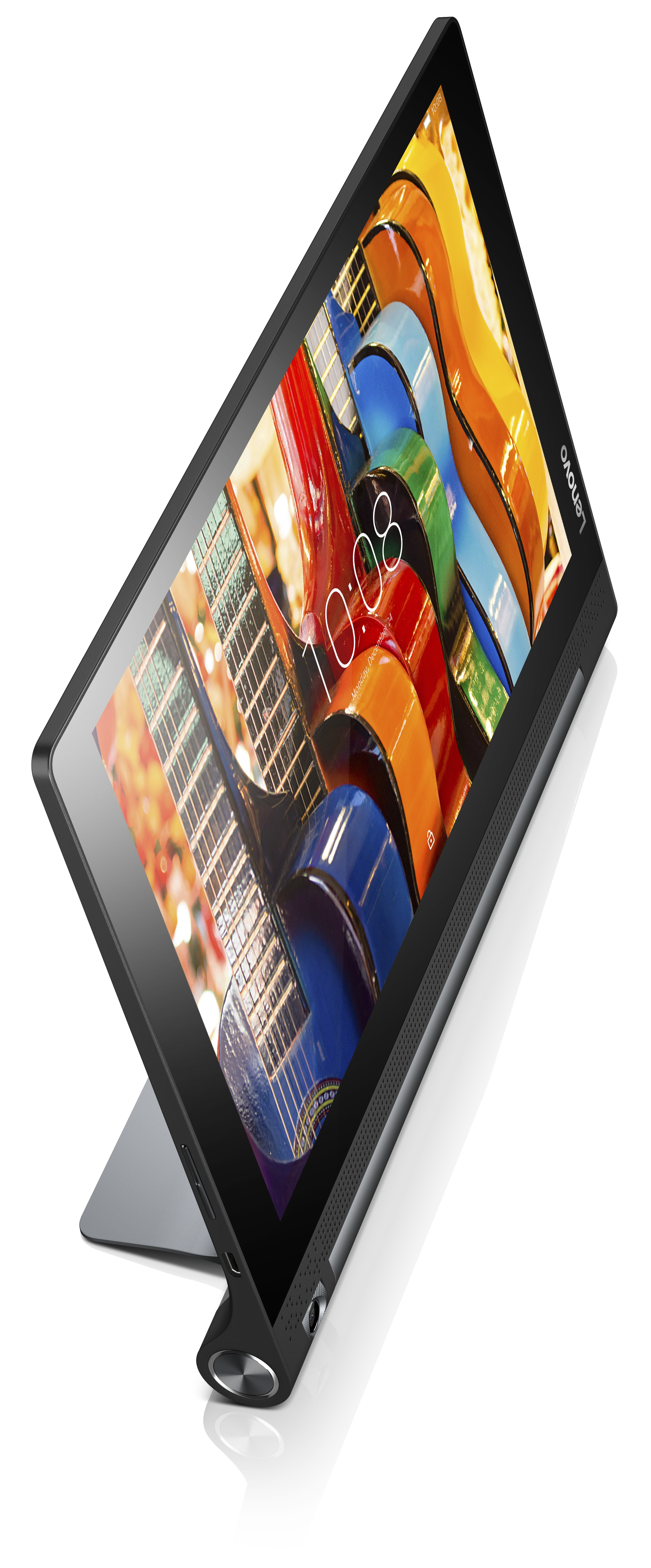 Schwarzes Tablet auf weißer Oberfläche. Bildschirm zeigt Gitarren in verschiedenen Farben.