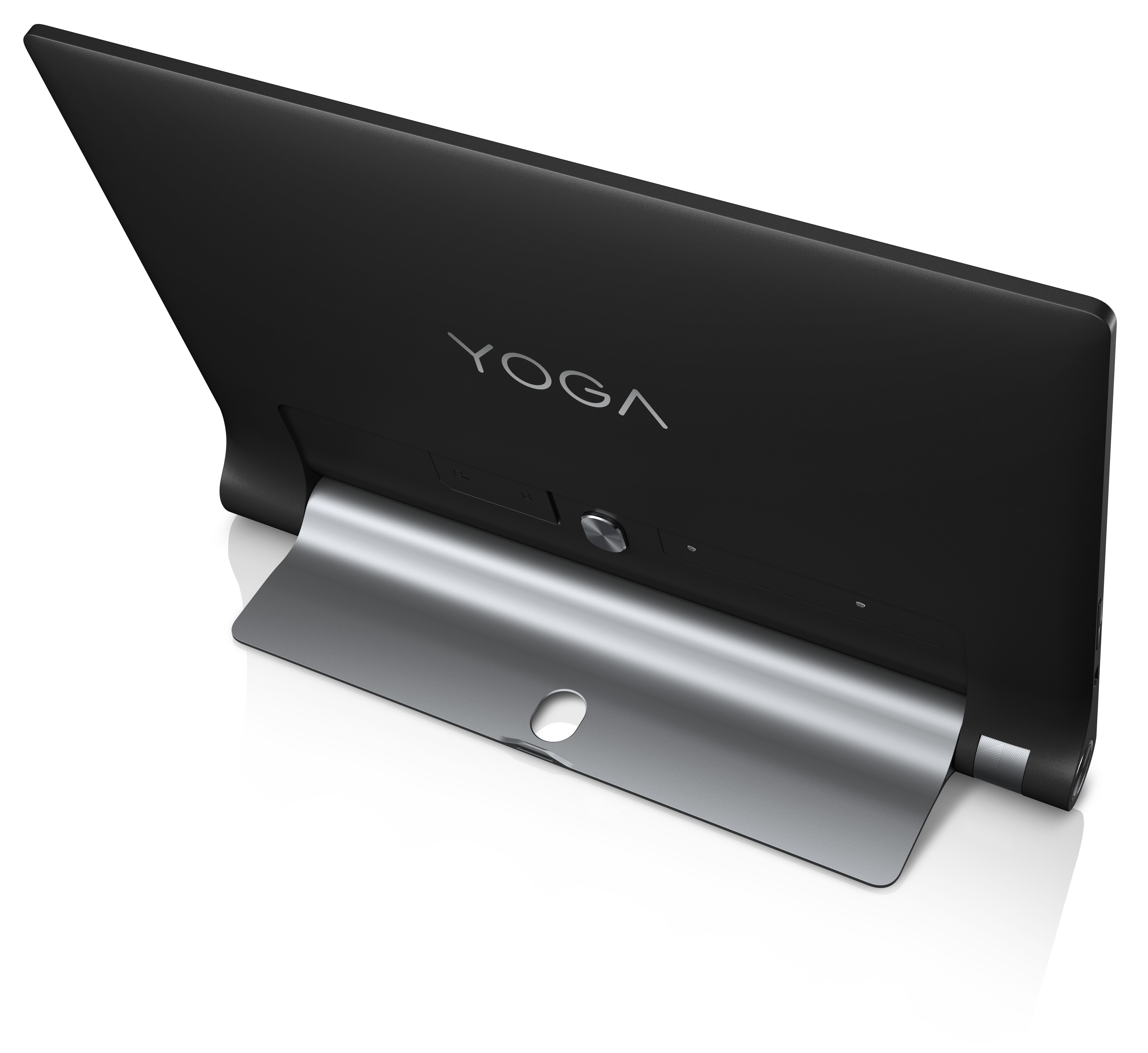Schwarzes Tablet mit silbernem Ständer. Zeigt die Rückseite des Tablets mit dem Yoga-Logo.