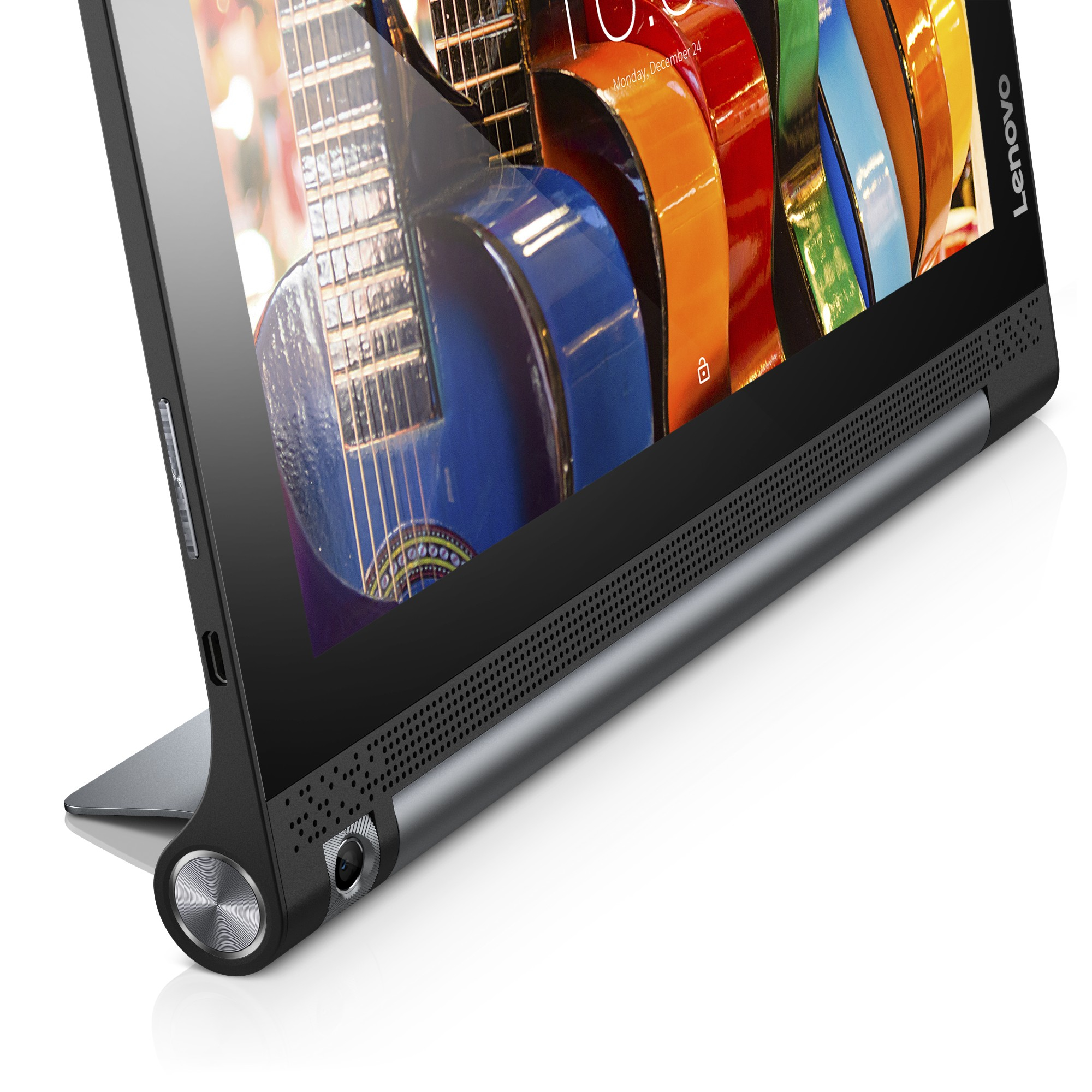 Ein Tablet-Bildschirm mit Gitarren. Das Tablet ist angewinkelt aufgestellt.