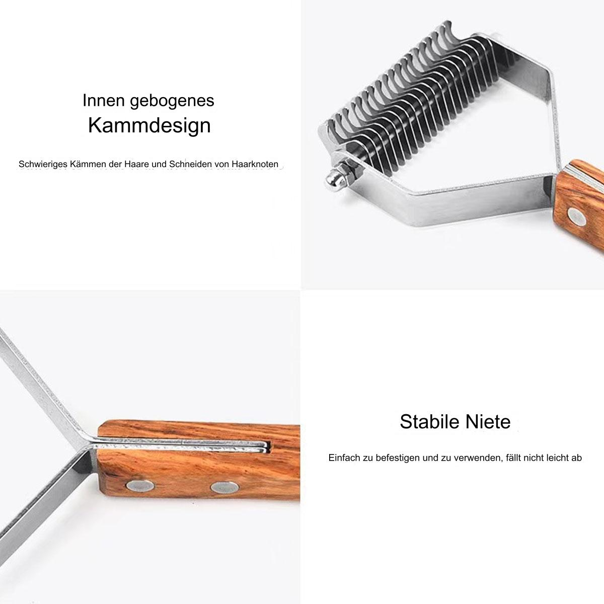 Nahaufnahme eines Haustierpflege-Werkzeugs. Es hat einen Kamm mit vielen Zähnen und einen Holzgriff.