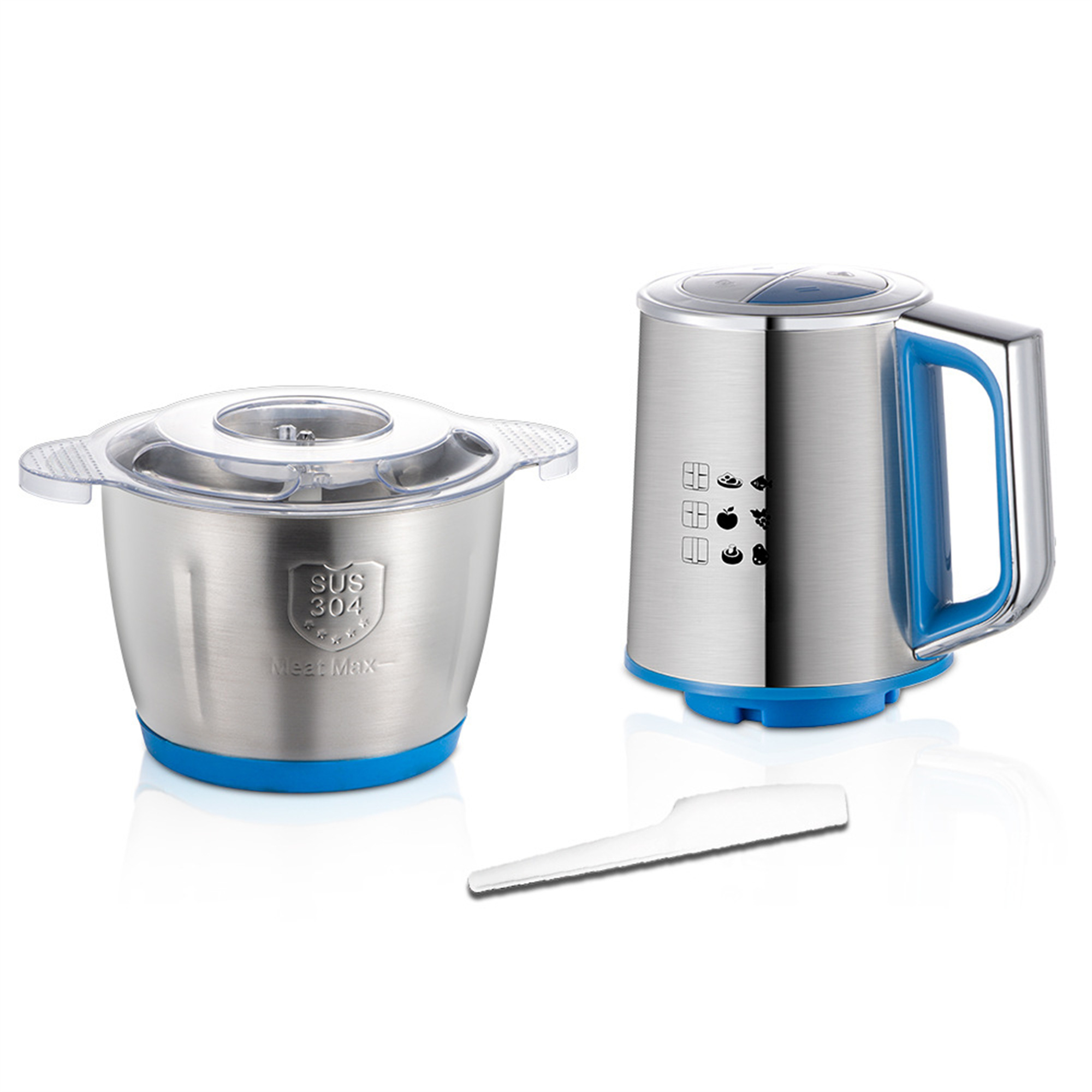 Edelstahl-Küchenmaschine und Mixer mit blauen Akzenten. Weißer Hintergrund.