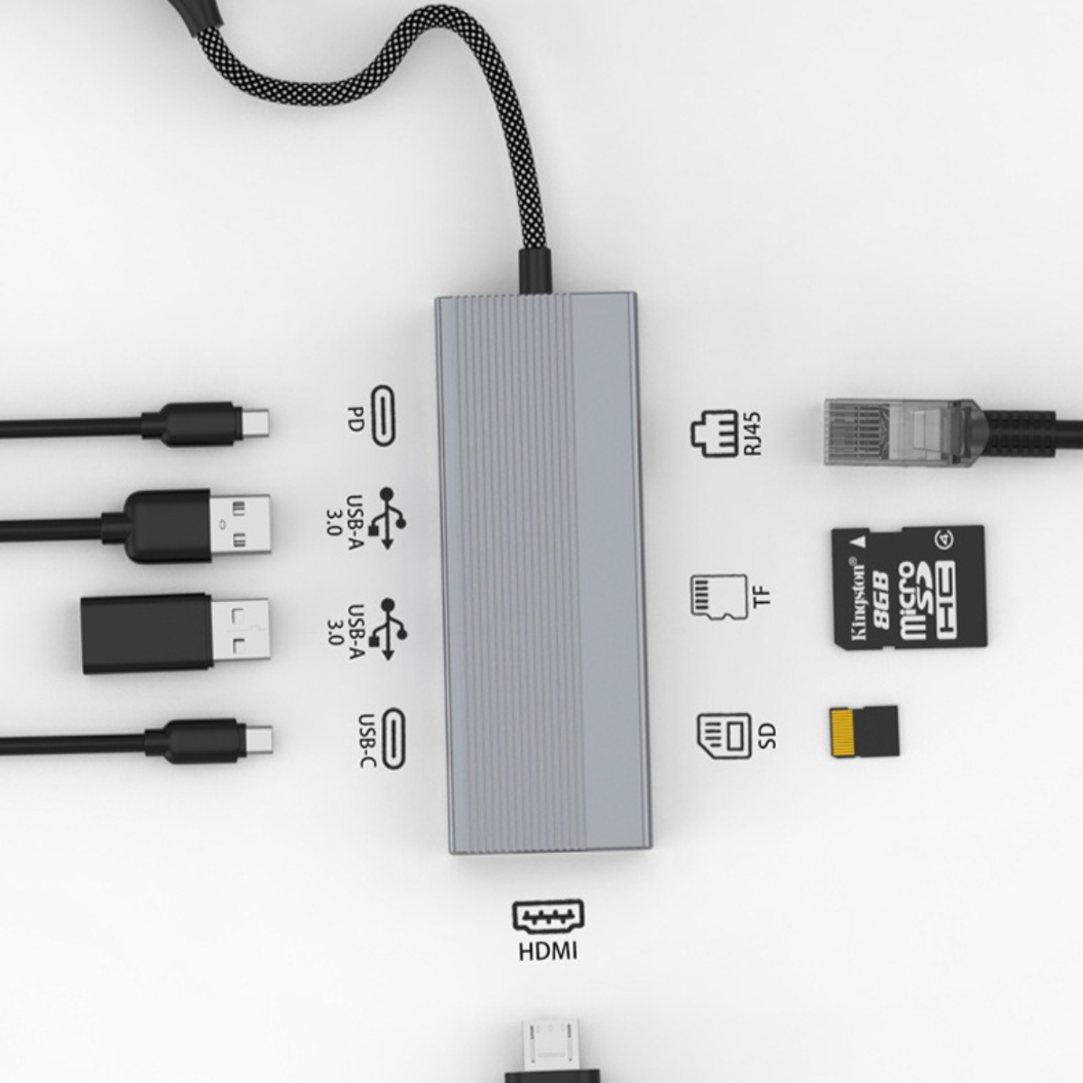 Silberner Hub mit verschiedenen Anschlüssen und Kabeln. Enthält USB, HDMI und RJ45 sowie eine Speicherkarte.