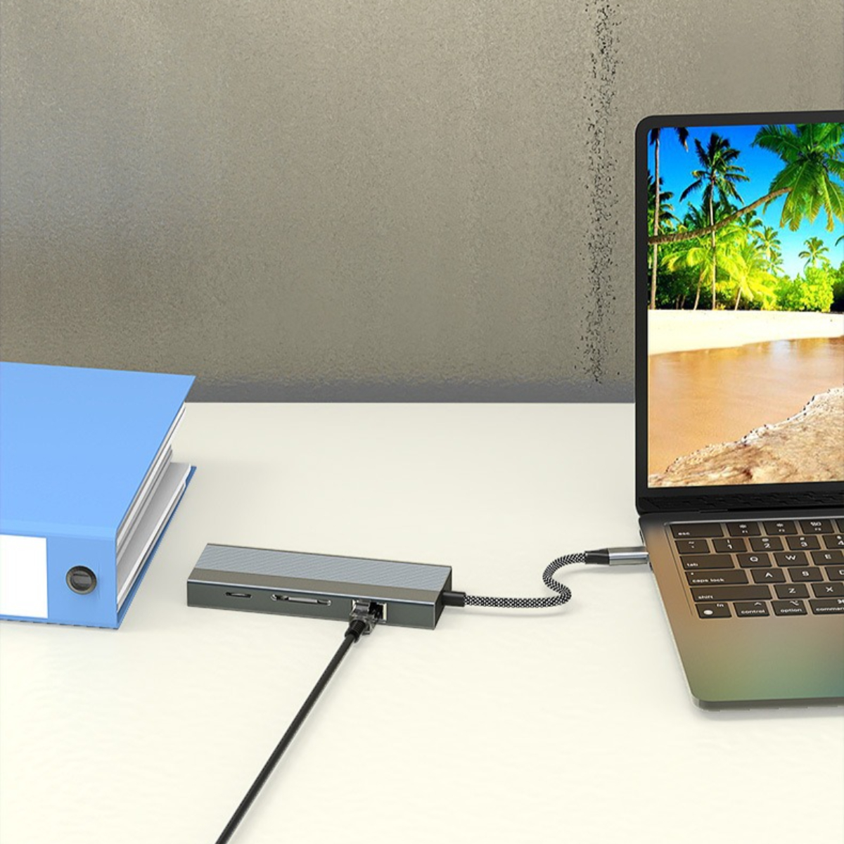 Ein Laptop, der mit einem Hub verbunden ist, ein Buch und ein Strandblick auf dem Bildschirm.