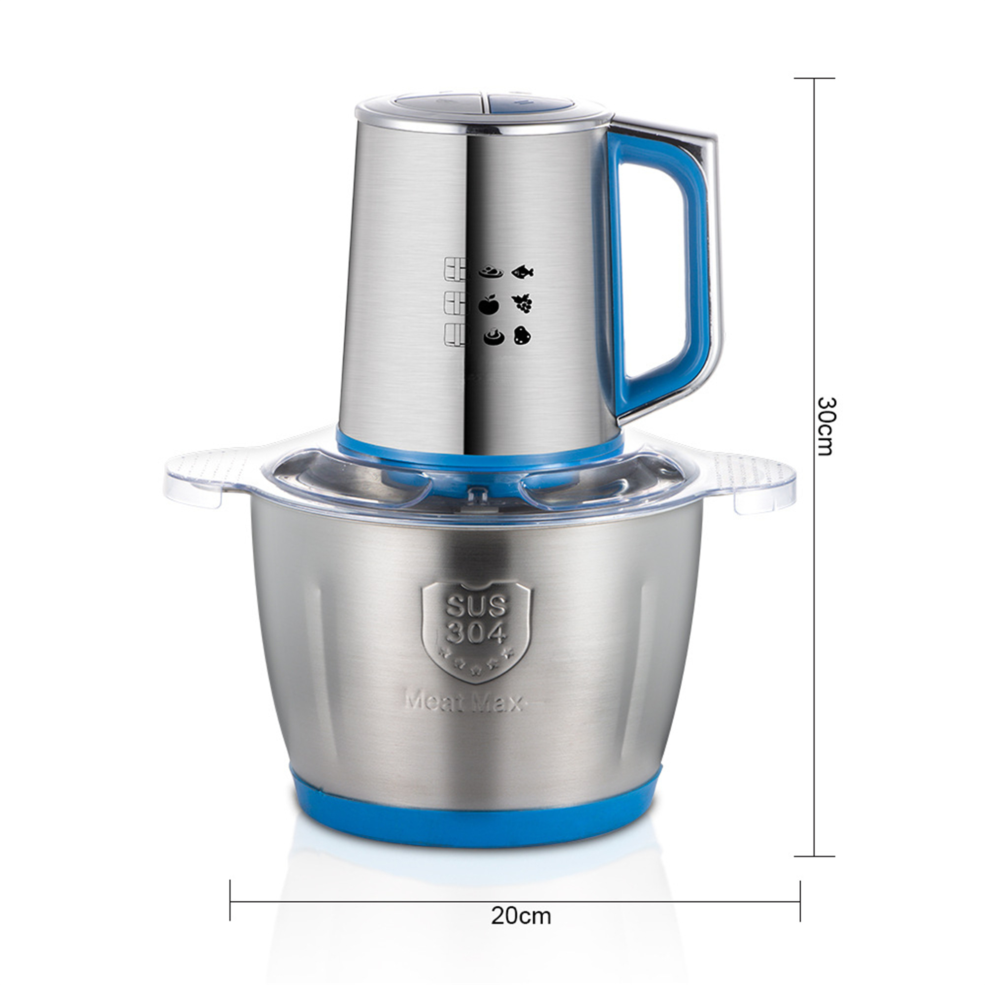 Edelstahl- und blauer Foodprozessor mit Abmessungen. Er hat einen Griff und einen Deckel.