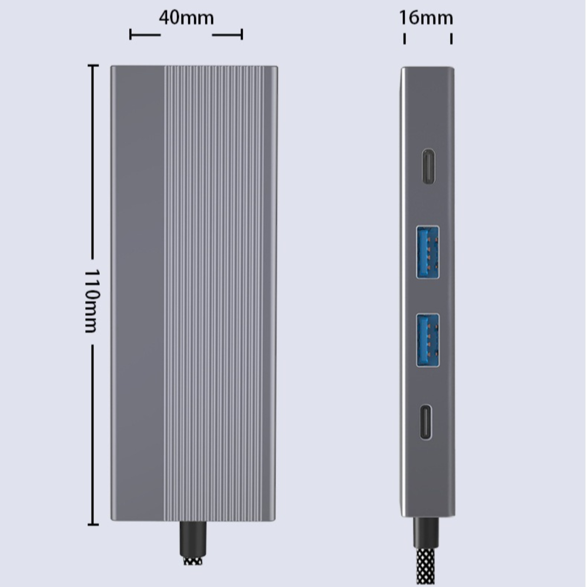 Ein grauer Hub mit Anschlüssen. Es gibt zwei USB-Anschlüsse, zwei USB-C-Anschlüsse und einen Stromeingang.