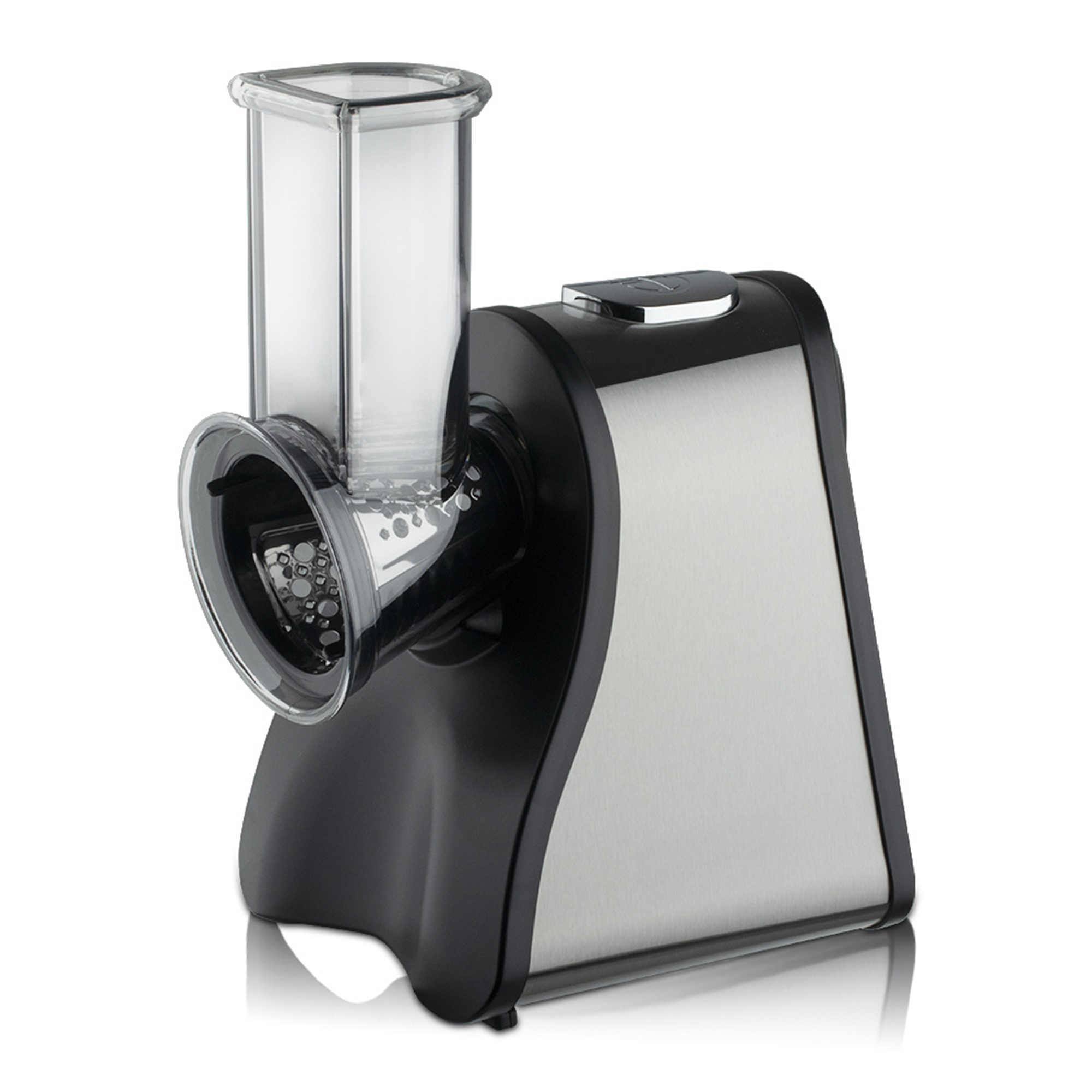 Küchenmaschine mit transparentem Behälter und schwarzem und silbernem Gehäuse. Weißer Hintergrund.