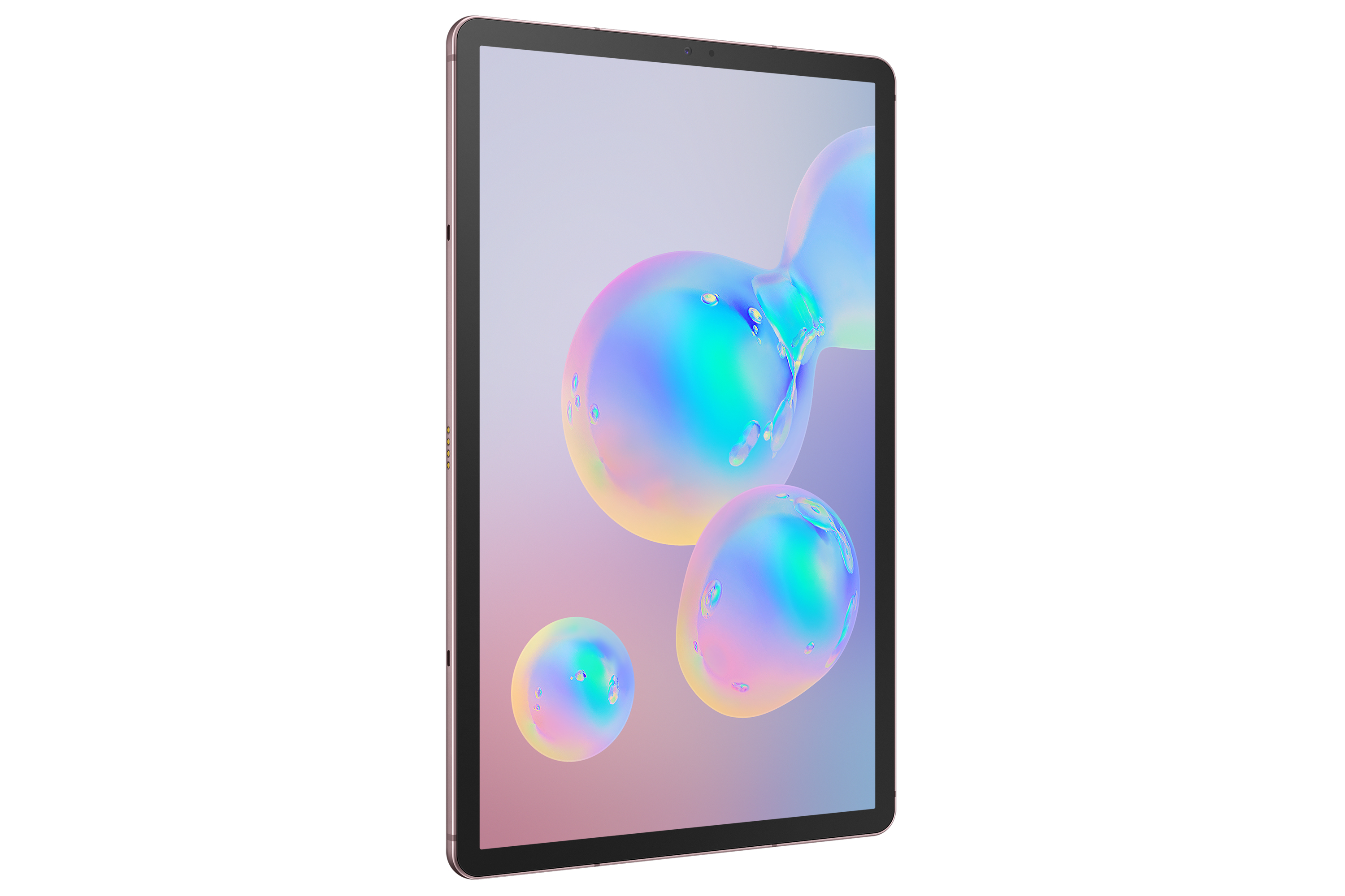 Ein Tablet mit goldenem Rahmen und Bildschirm mit bunten abstrakten Blasen, auf Weiß.