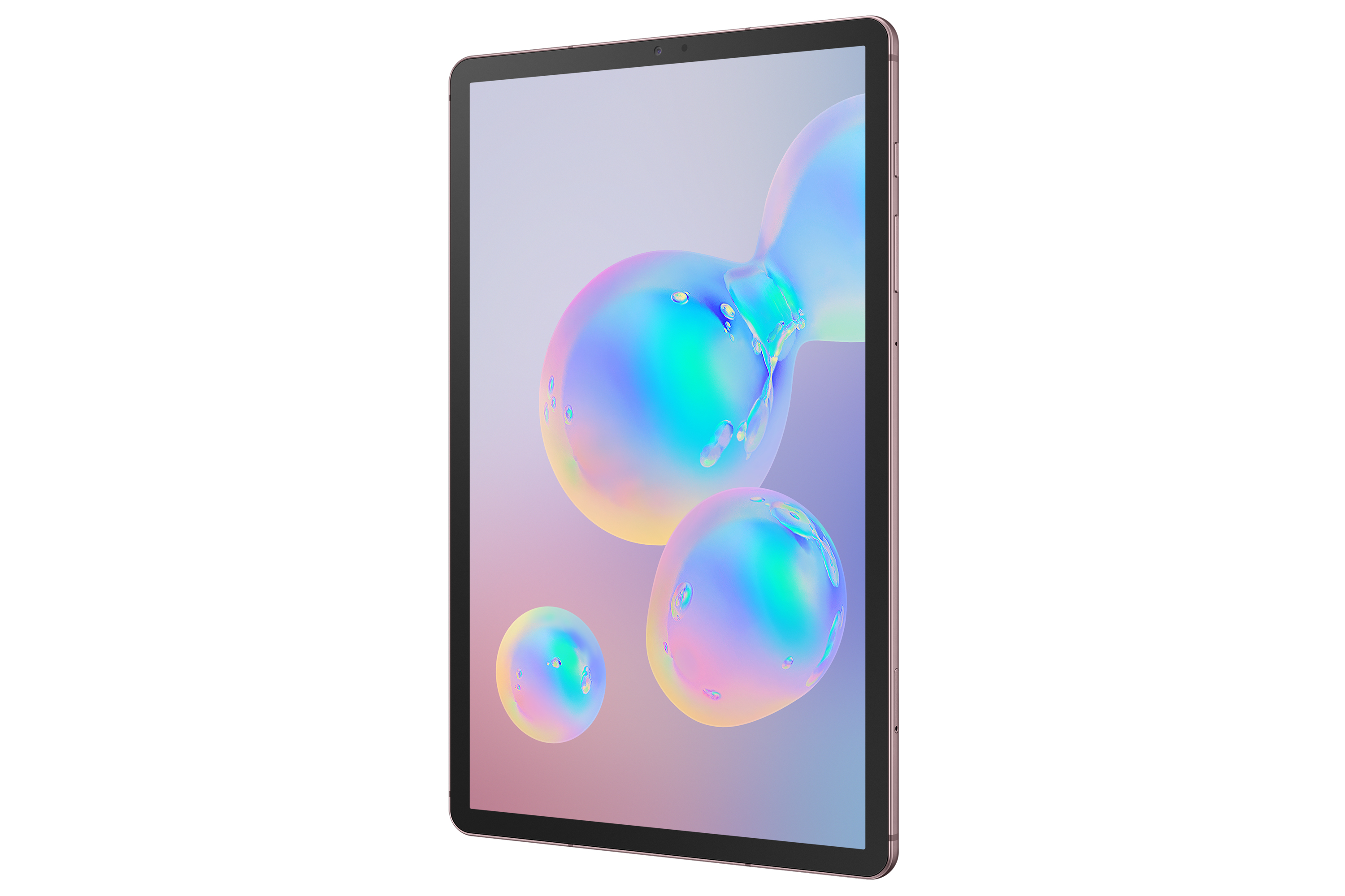 Ein Tablet mit rosafarbenem Hintergrund, schwebenden Blasen und einem roségoldenen Rahmen.