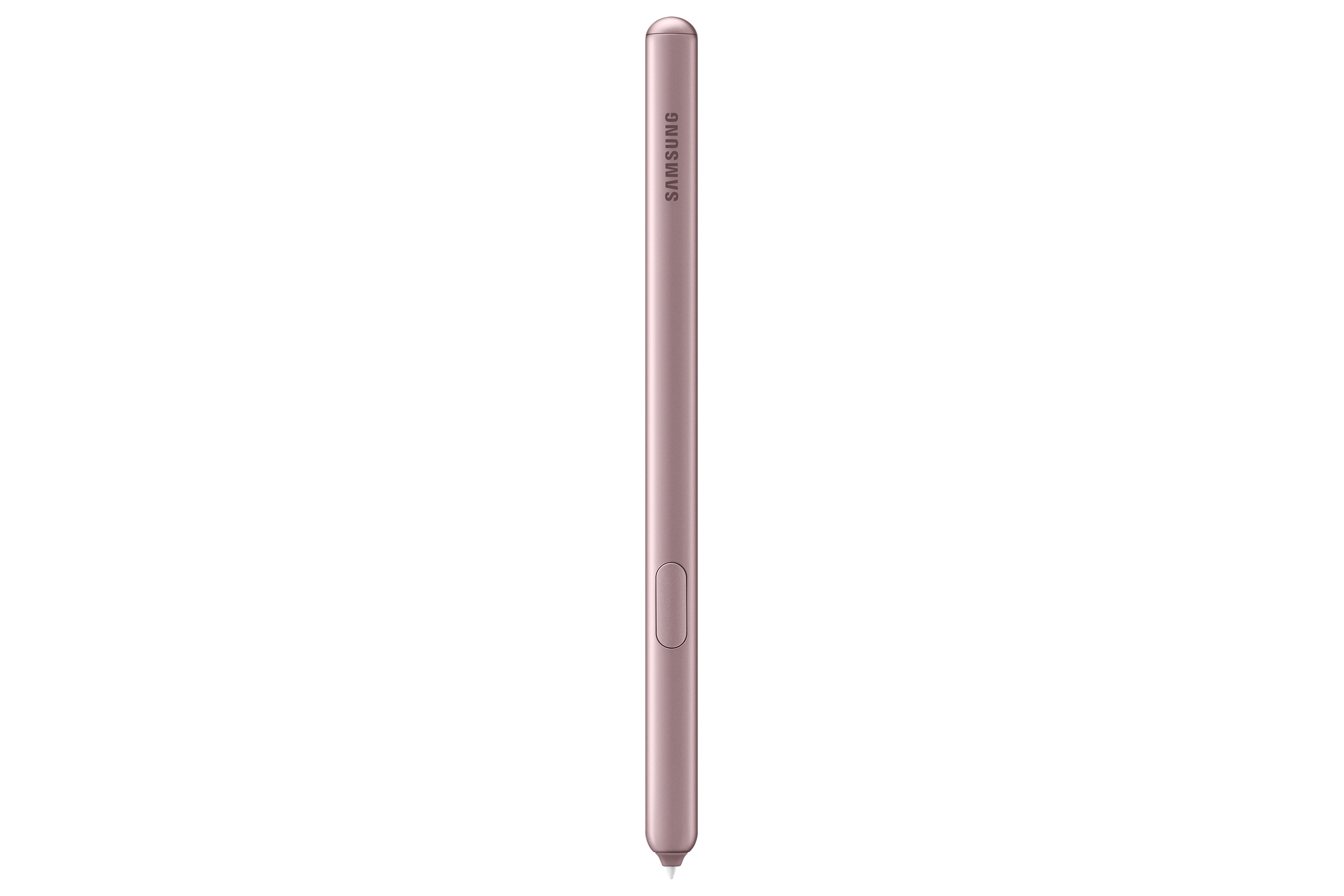Roségoldener Stift mit SAMSUNG-Logo. Zylindrische Form. Weißer Hintergrund.