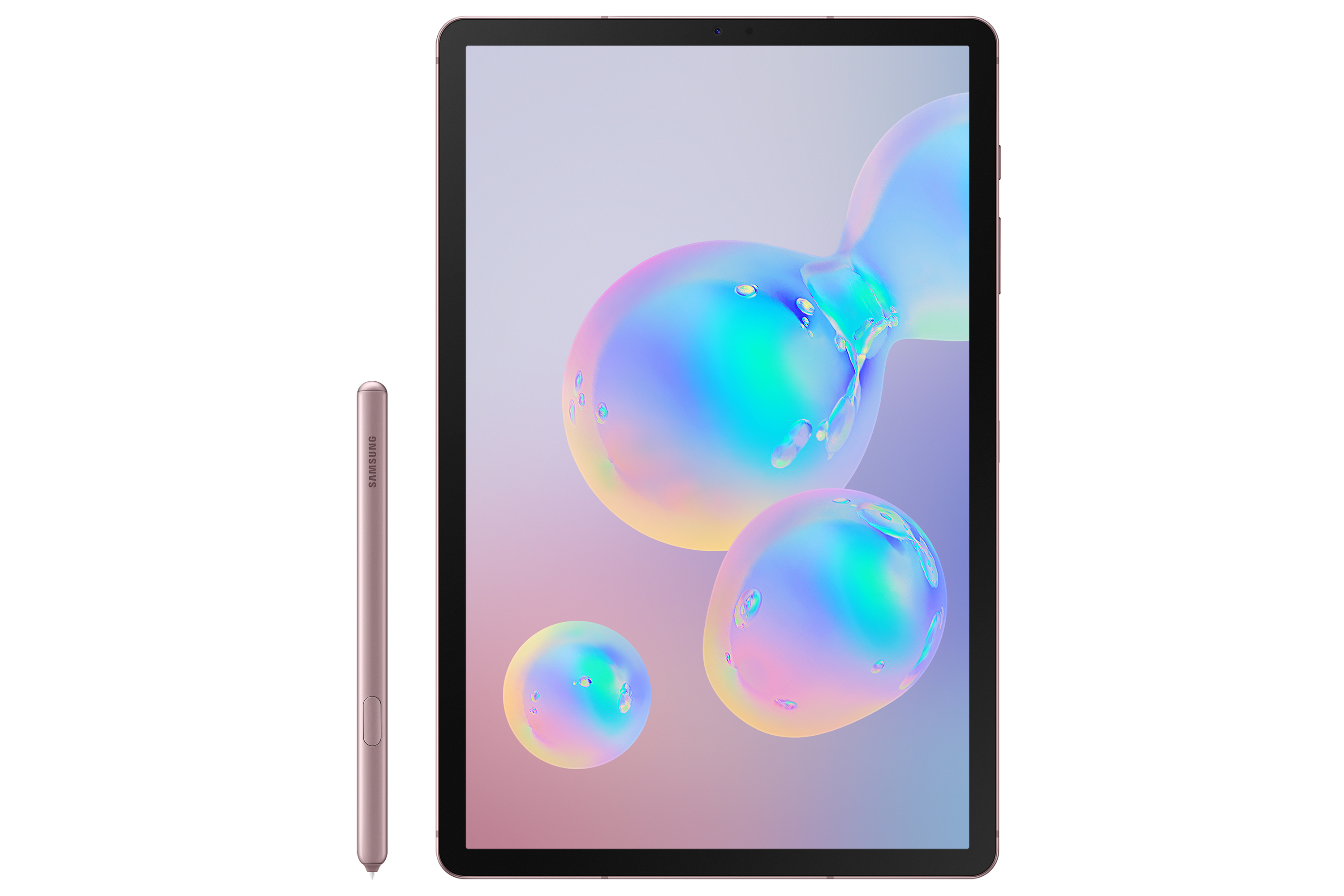 Tablet mit Stift, zeigt bunte Blasen auf dem Bildschirm, weißer Hintergrund.