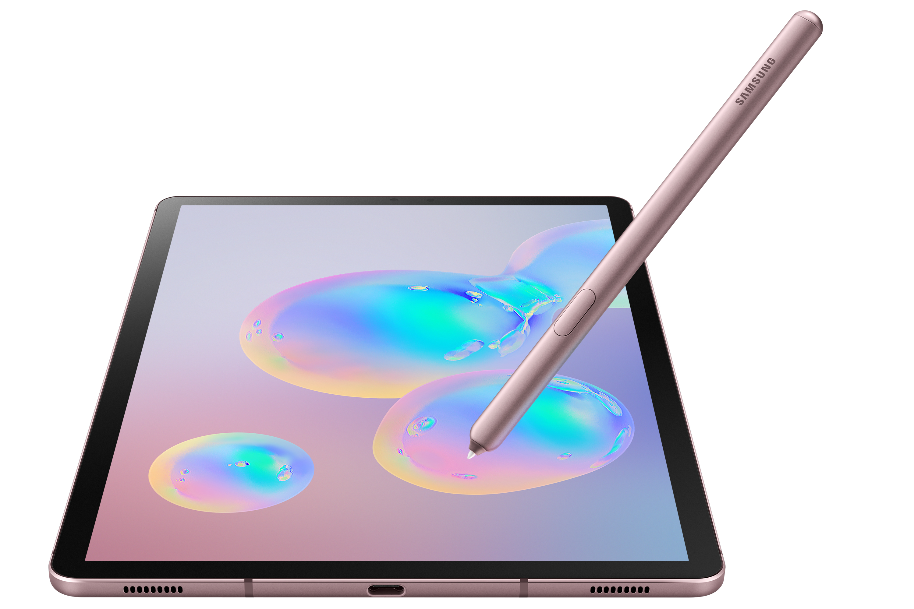 Rosa Samsung Tablet mit rosa Stift. Blasen sind auf dem Bildschirm. Weißer Hintergrund.