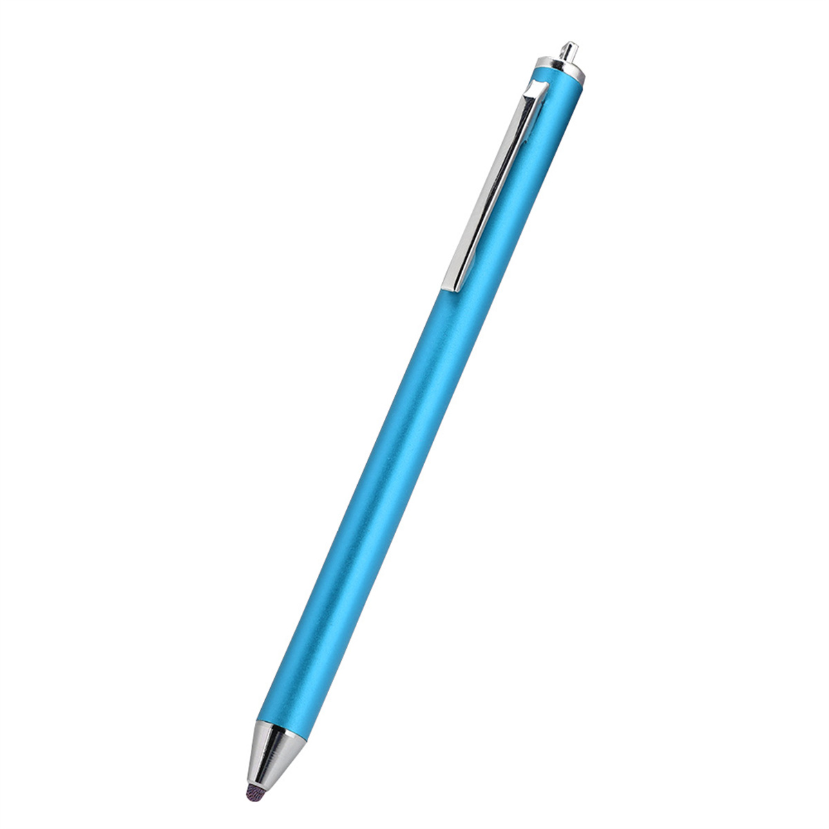 Ein blauer Eingabestift mit silbernem Clip.