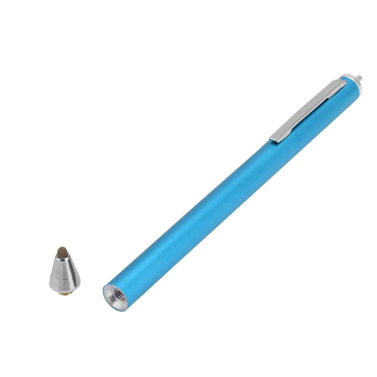 Blauer Eingabestift mit silbernem Clip, separate Spitze, auf weißem Hintergrund.