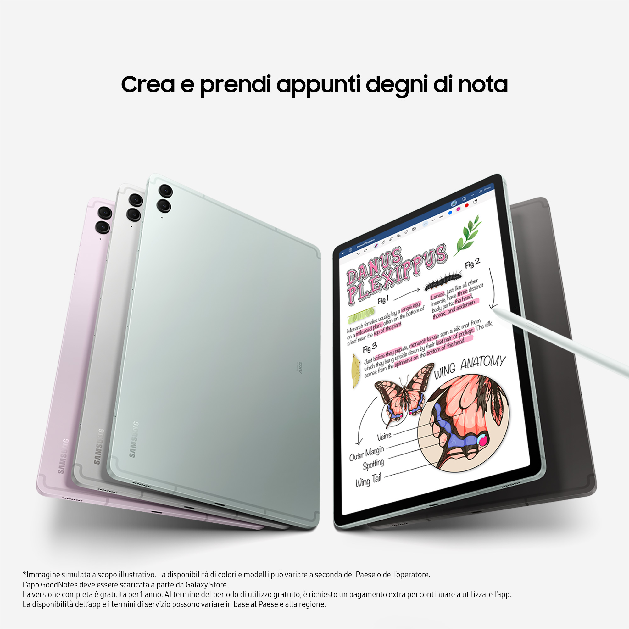 Tabletas en rosa, verde y gris. Una tableta muestra notas con un diagrama de mariposa.