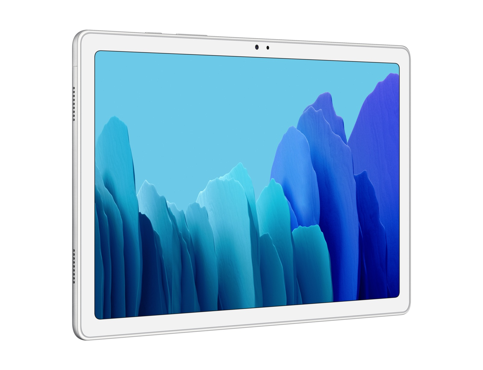 Biały tablet Samsung z niebieskim krajobrazem na ekranie.