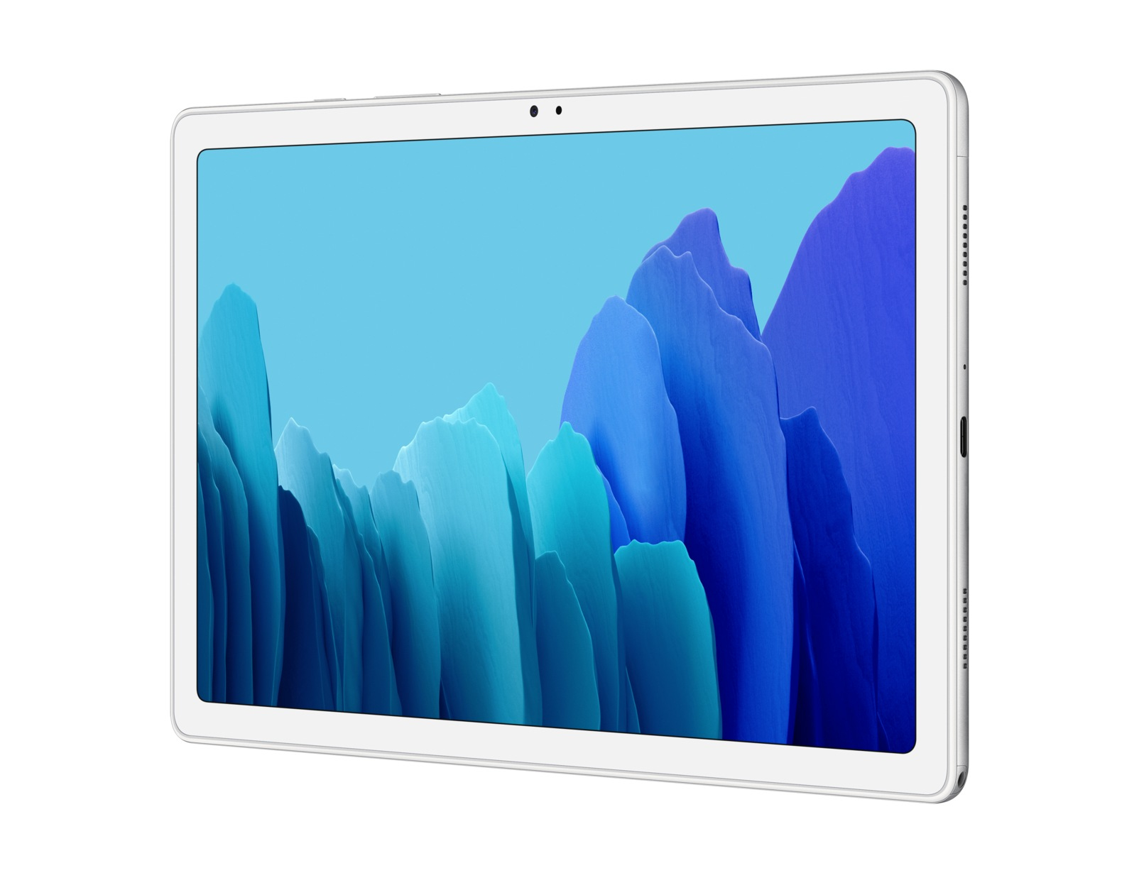 Biały tablet z niebiesko-białym abstrakcyjnym krajobrazem na ekranie. Białe tło i czarna ramka.
