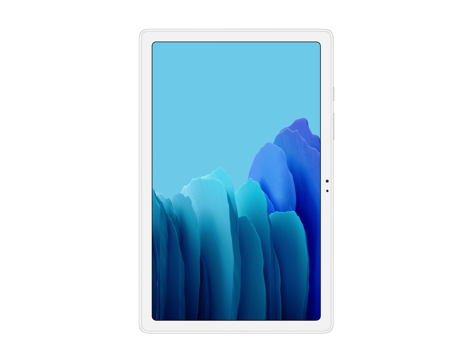 Biały tablet z niebieskim abstrakcyjnym obrazem na ekranie. Białe tło.