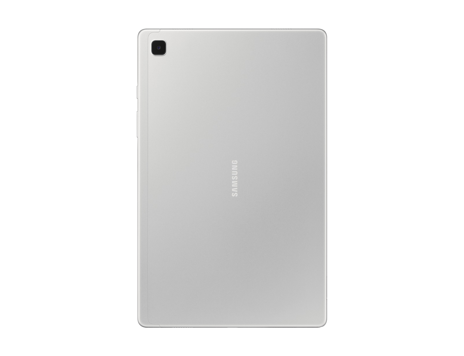 Srebrny tablet, widok z tyłu. Pokazuje tył tabletu z aparatem i marką.
