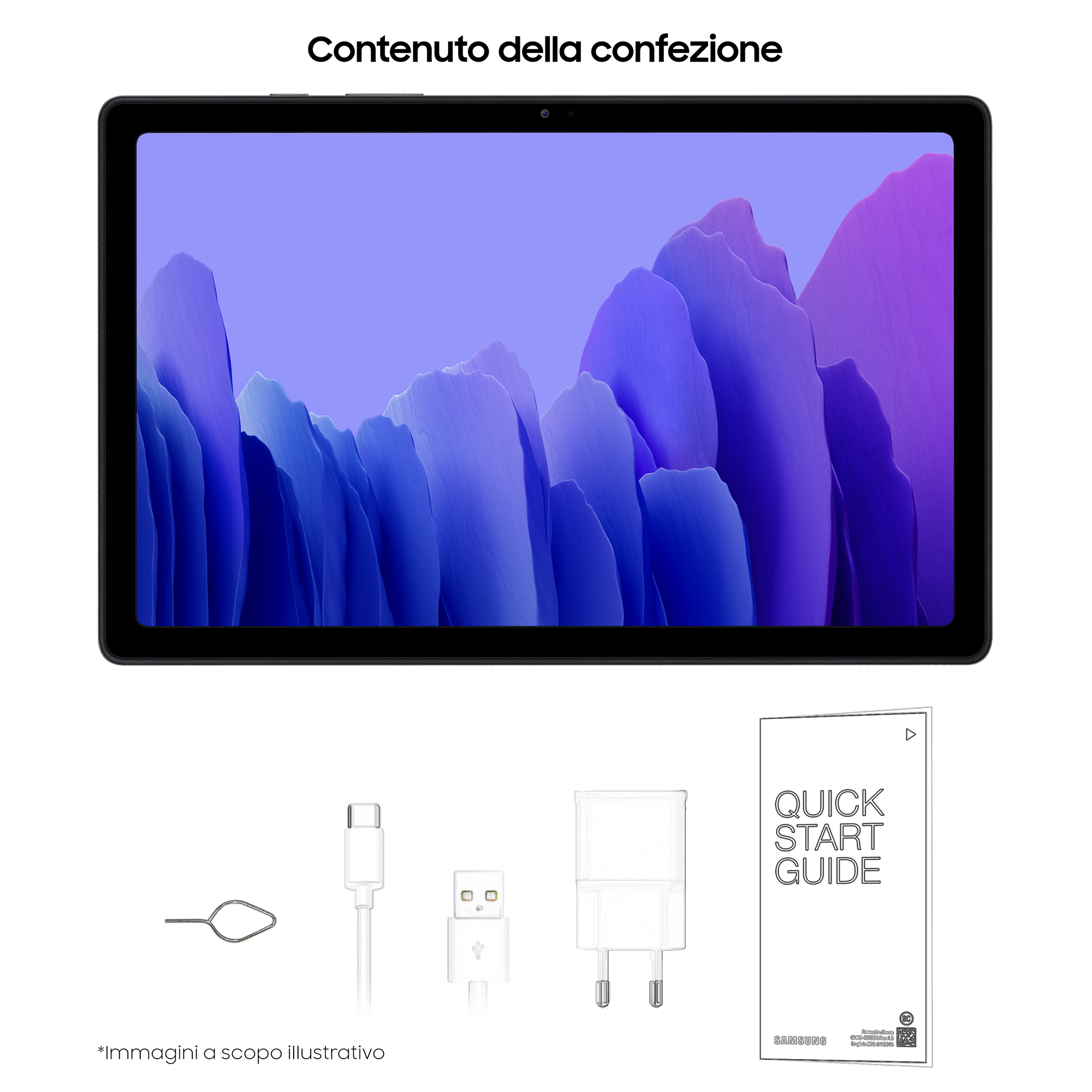 Tablet met zwart frame, oplaadkabel, stekker en een snelstartgids. De achtergrond is wit.