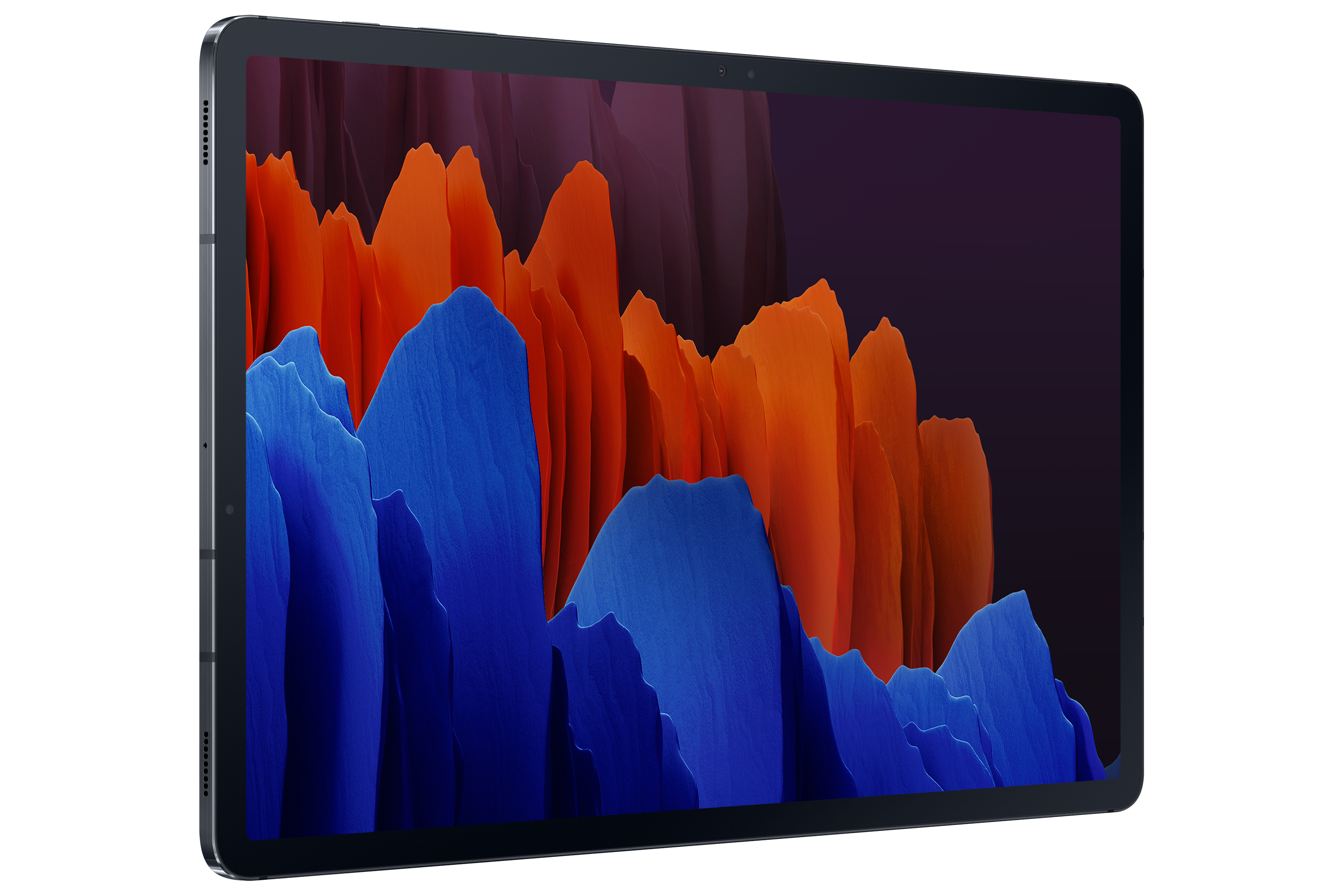 Tablet mit Bildschirm, der ein abstraktes Kunstbild mit Orange-, Blau- und Schwarztönen zeigt.