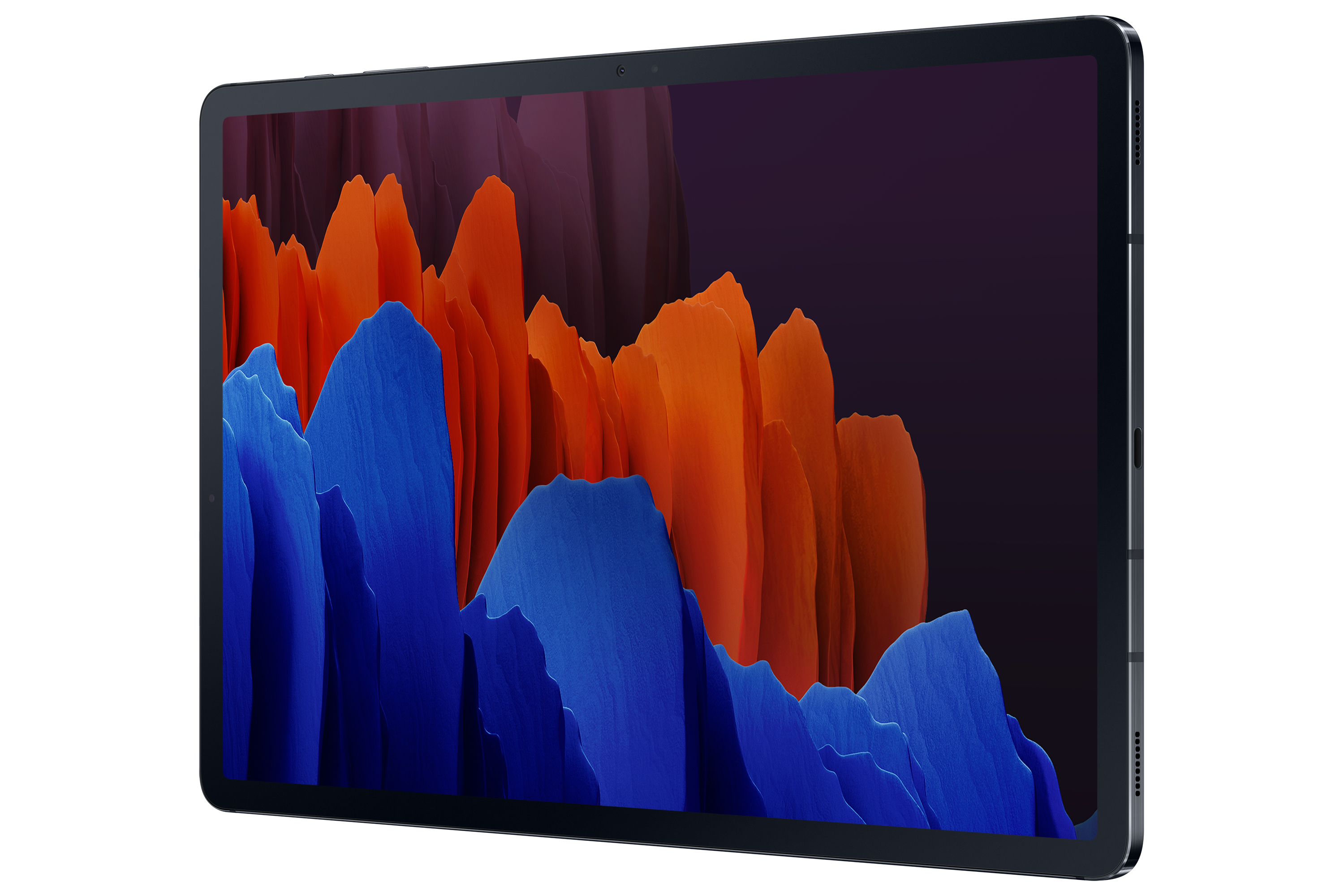 Tablet mit dunklem Hintergrund. Zeigt farbenfrohe, abstrakte Formen. Das Tablet ist abgewinkelt.
