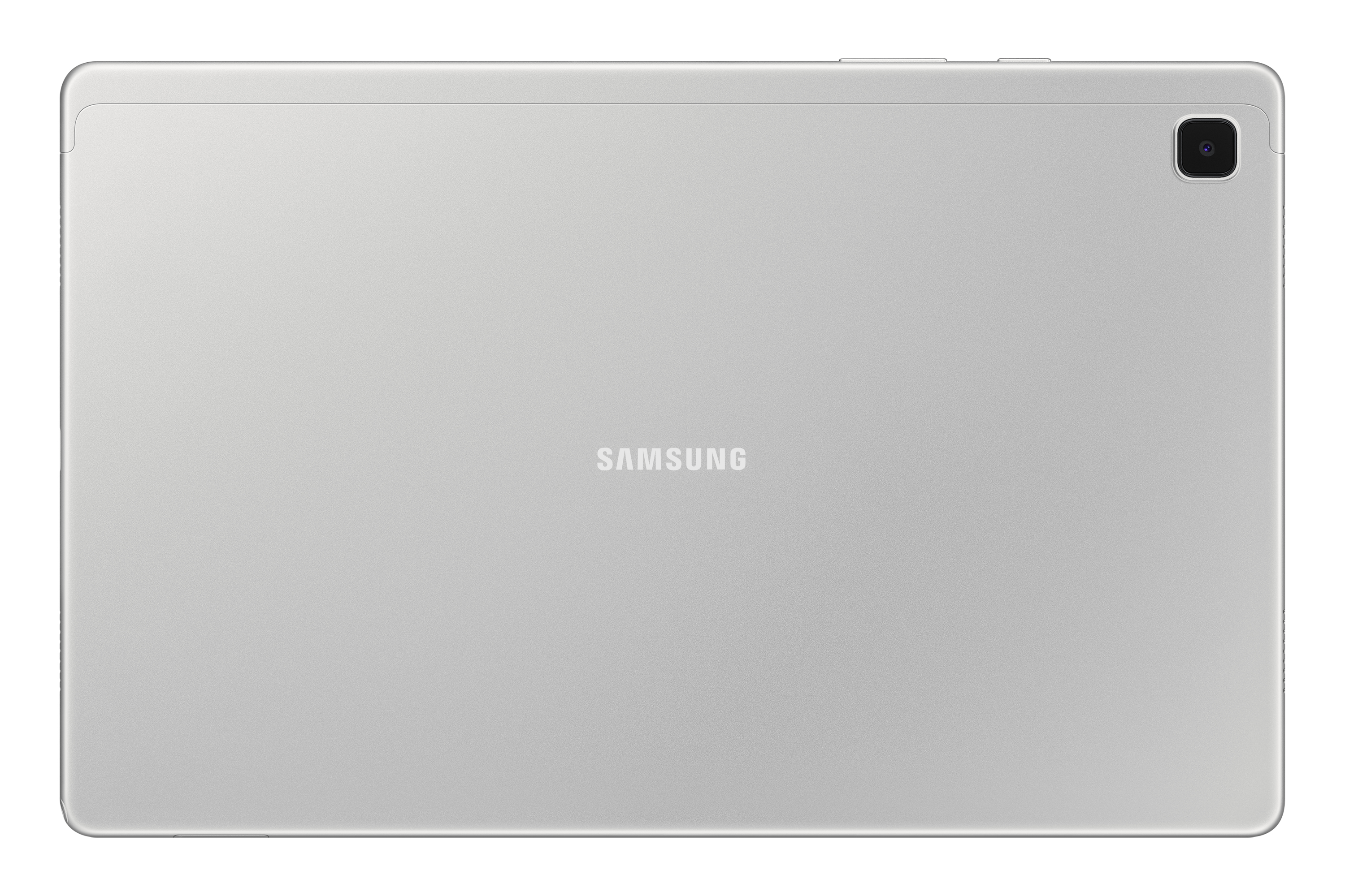 Tablet Samsung argento, vista posteriore, con fotocamera in alto a destra e logo Samsung.