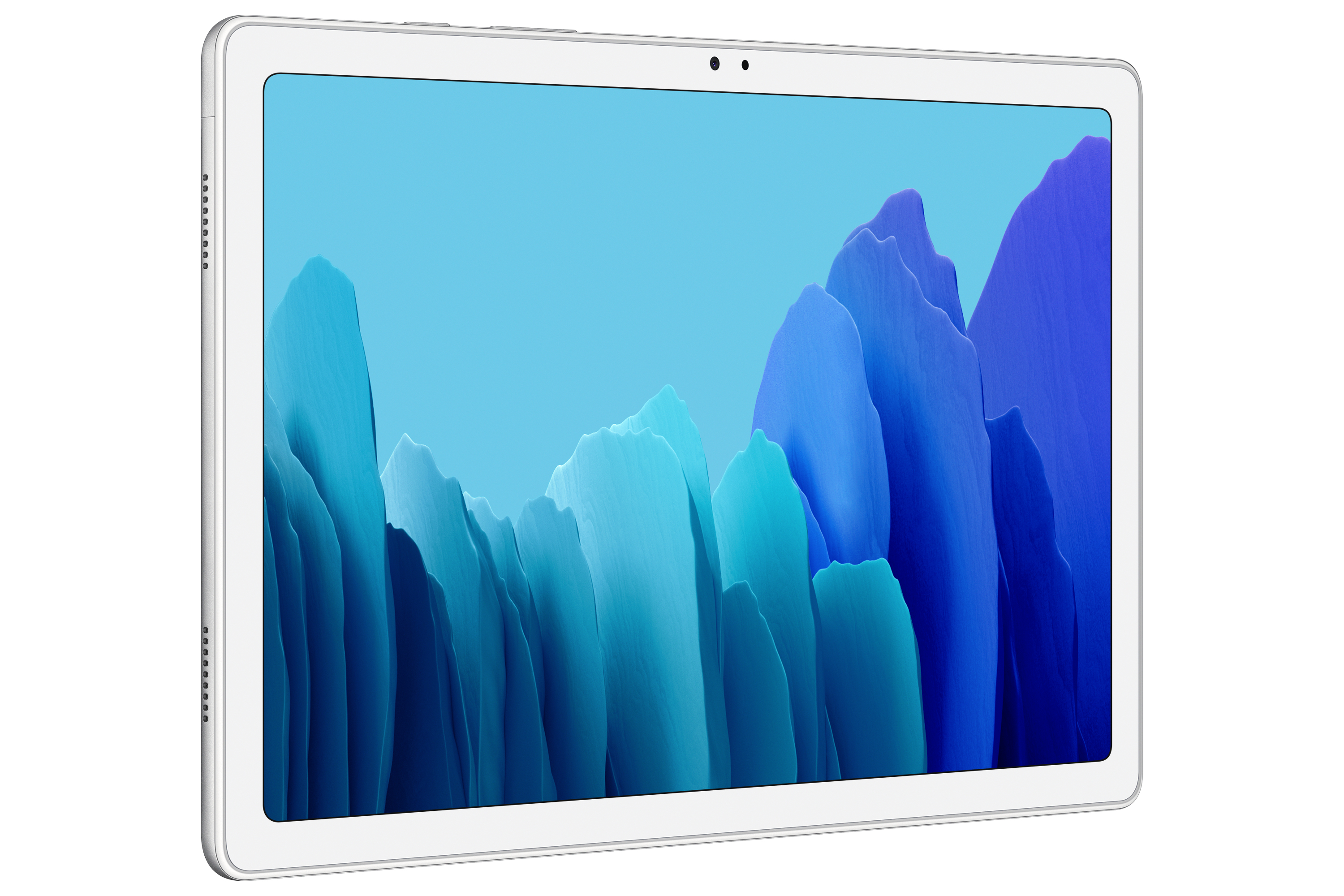 Tablet bianco con immagine di sfondo blu di strutture simili a montagne. La fotocamera frontale è visibile.