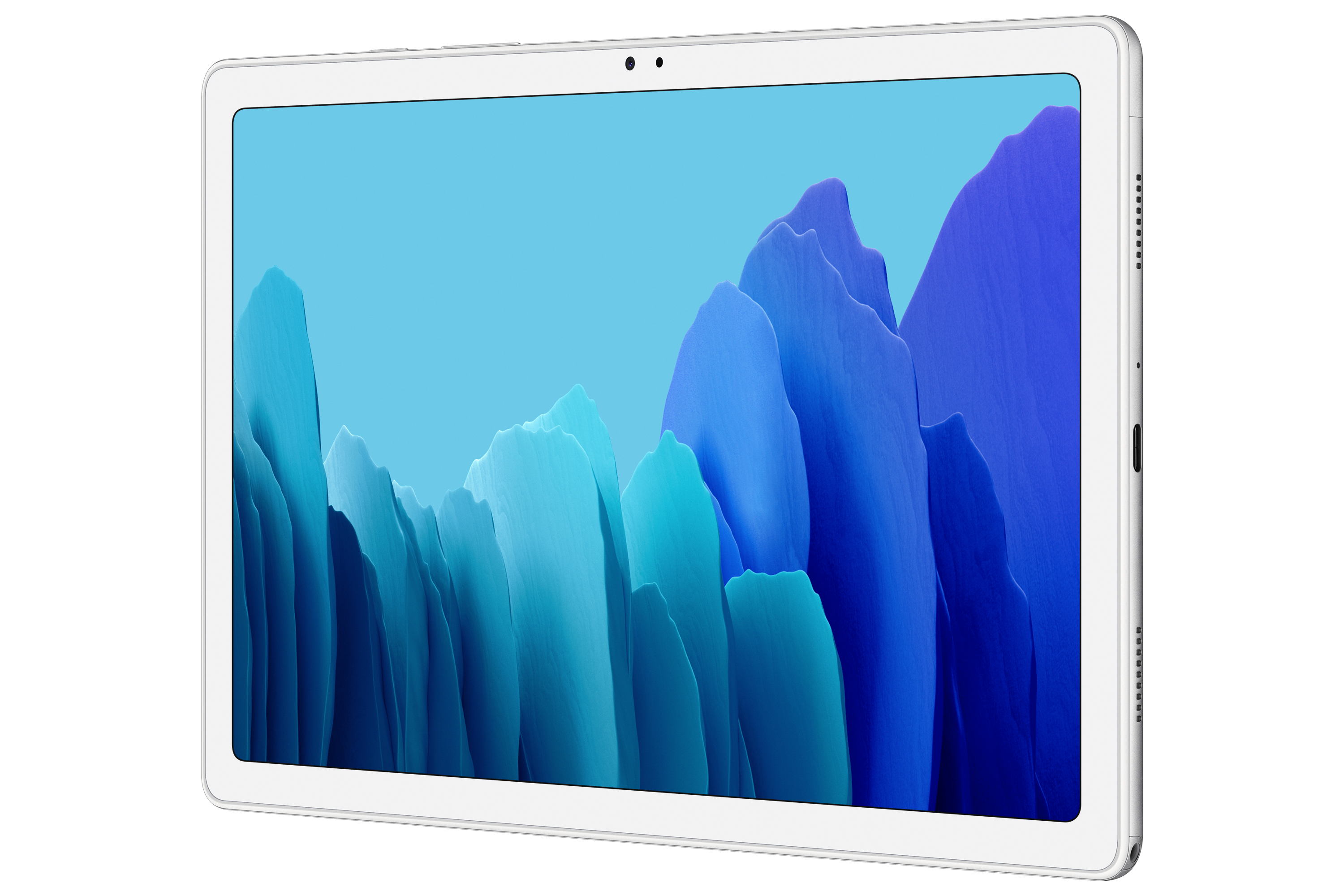 Un tablet bianco con schermo blu che mostra un'illustrazione simile a una montagna. Il tablet è angolato.