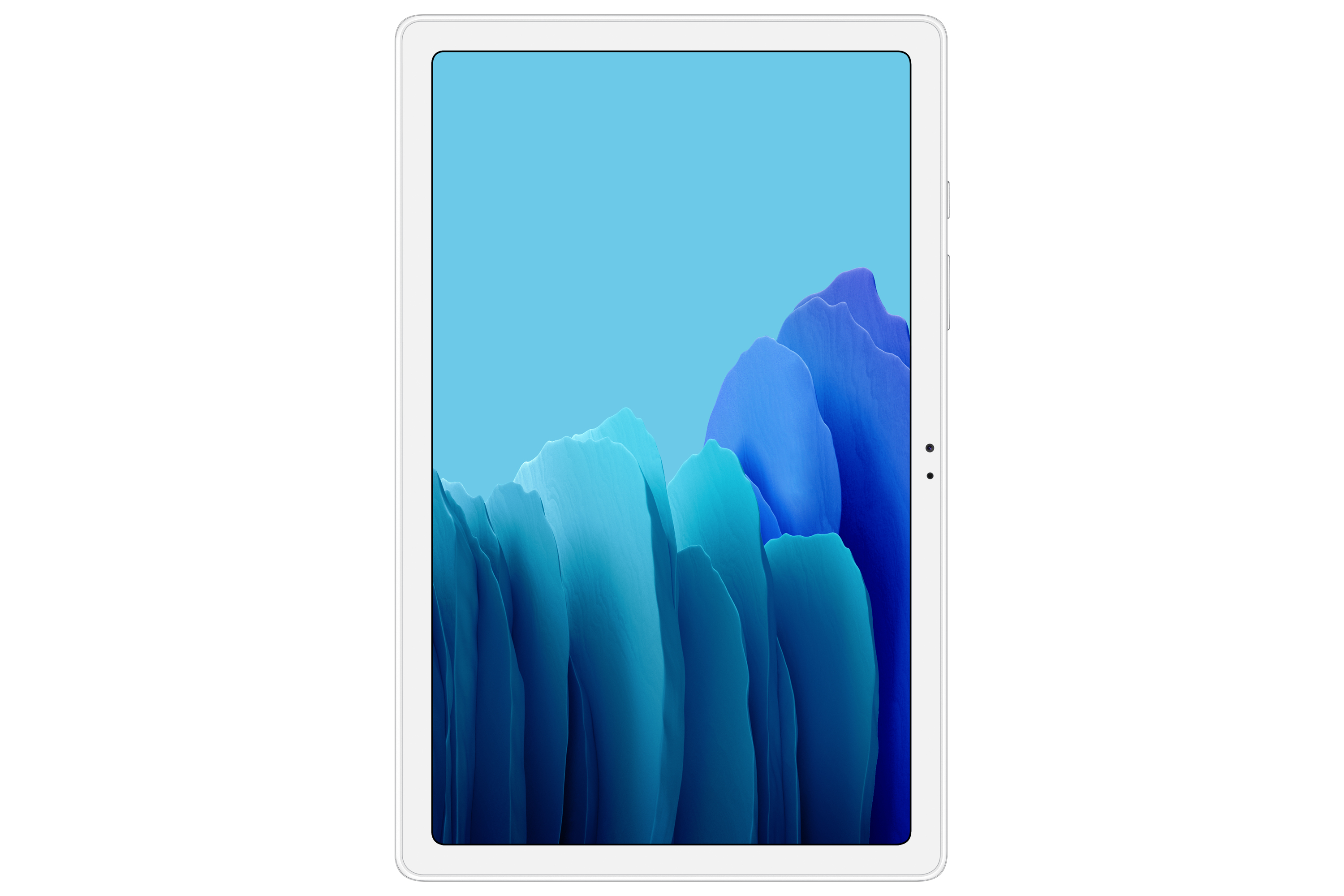 Un tablet bianco che mostra uno sfondo astratto blu e viola simile a una montagna.
