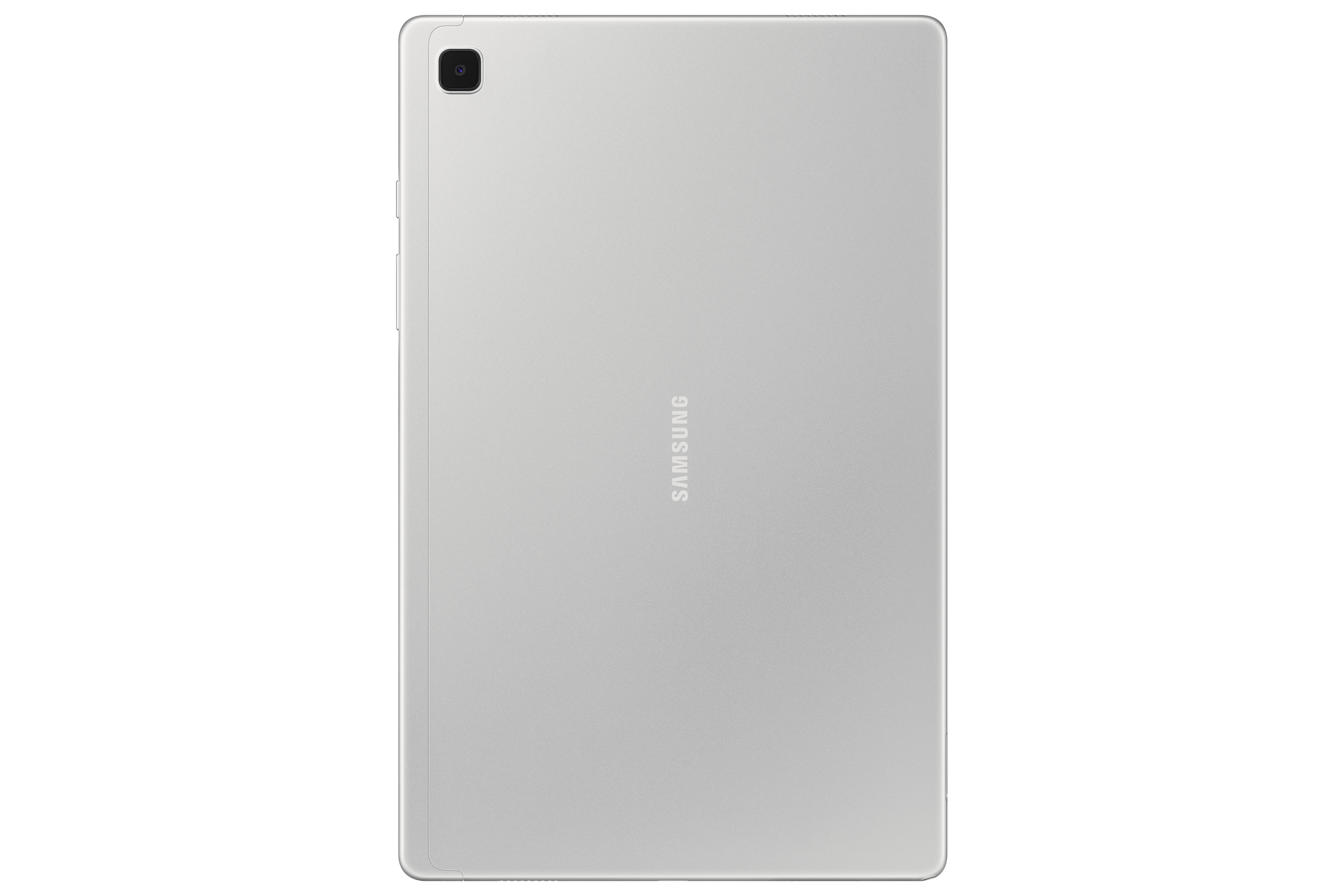 Retro di tablet argentato su superficie bianca. Mostra fotocamera e logo Samsung.