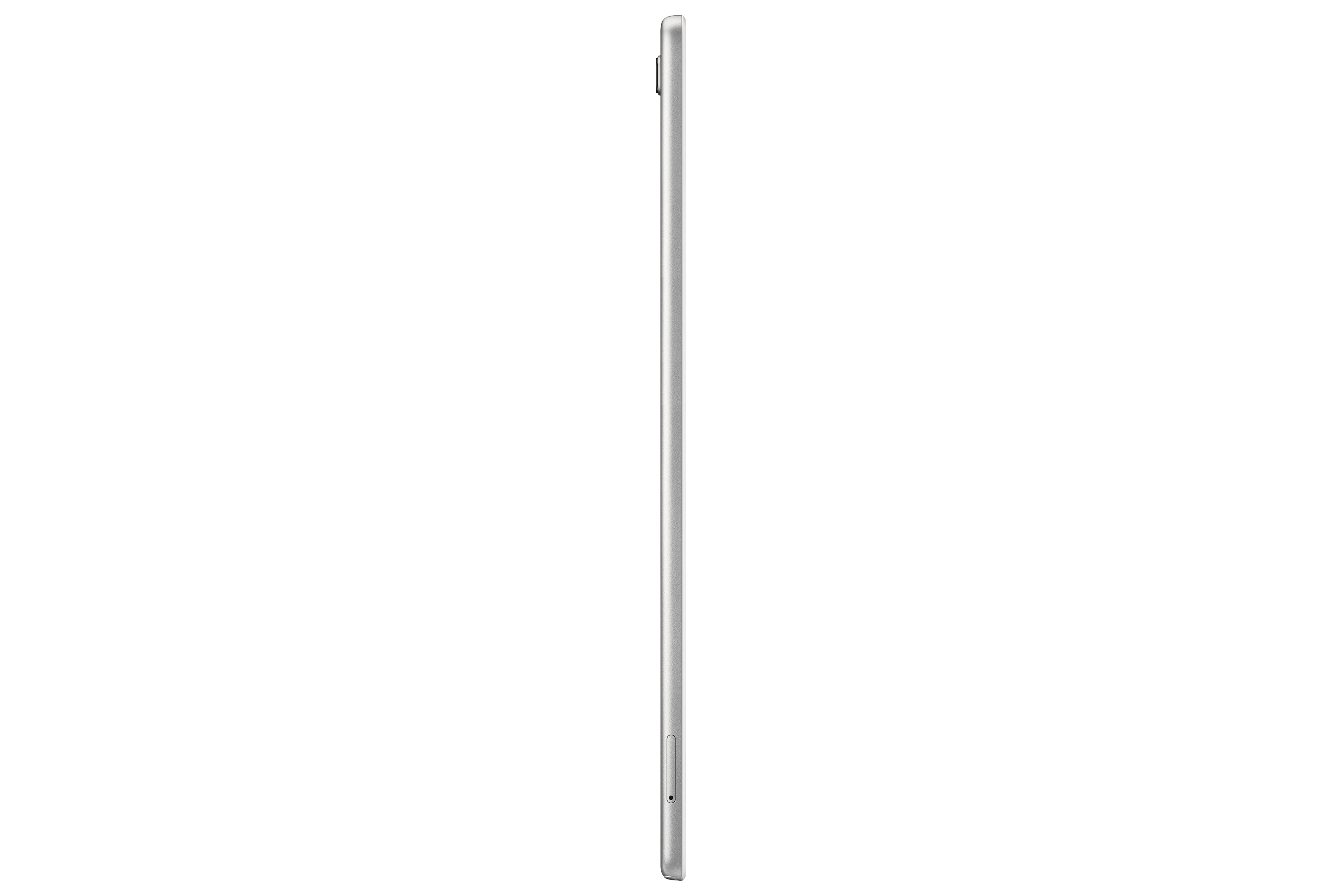 Un tablet argentato dalla vista laterale. È sottile e su sfondo bianco.