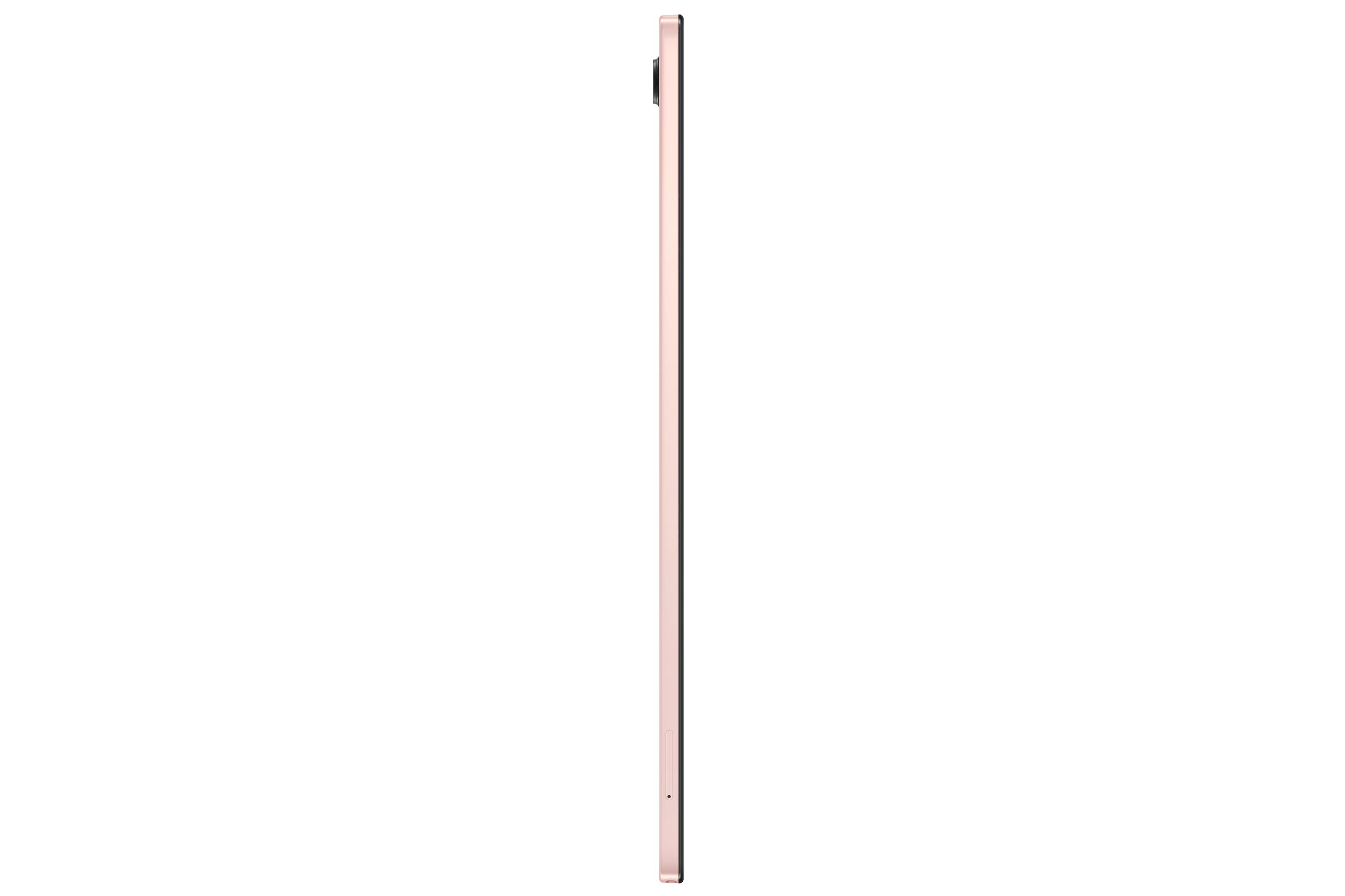 Vista lateral de una tableta oro rosa. La pantalla está hacia atrás.