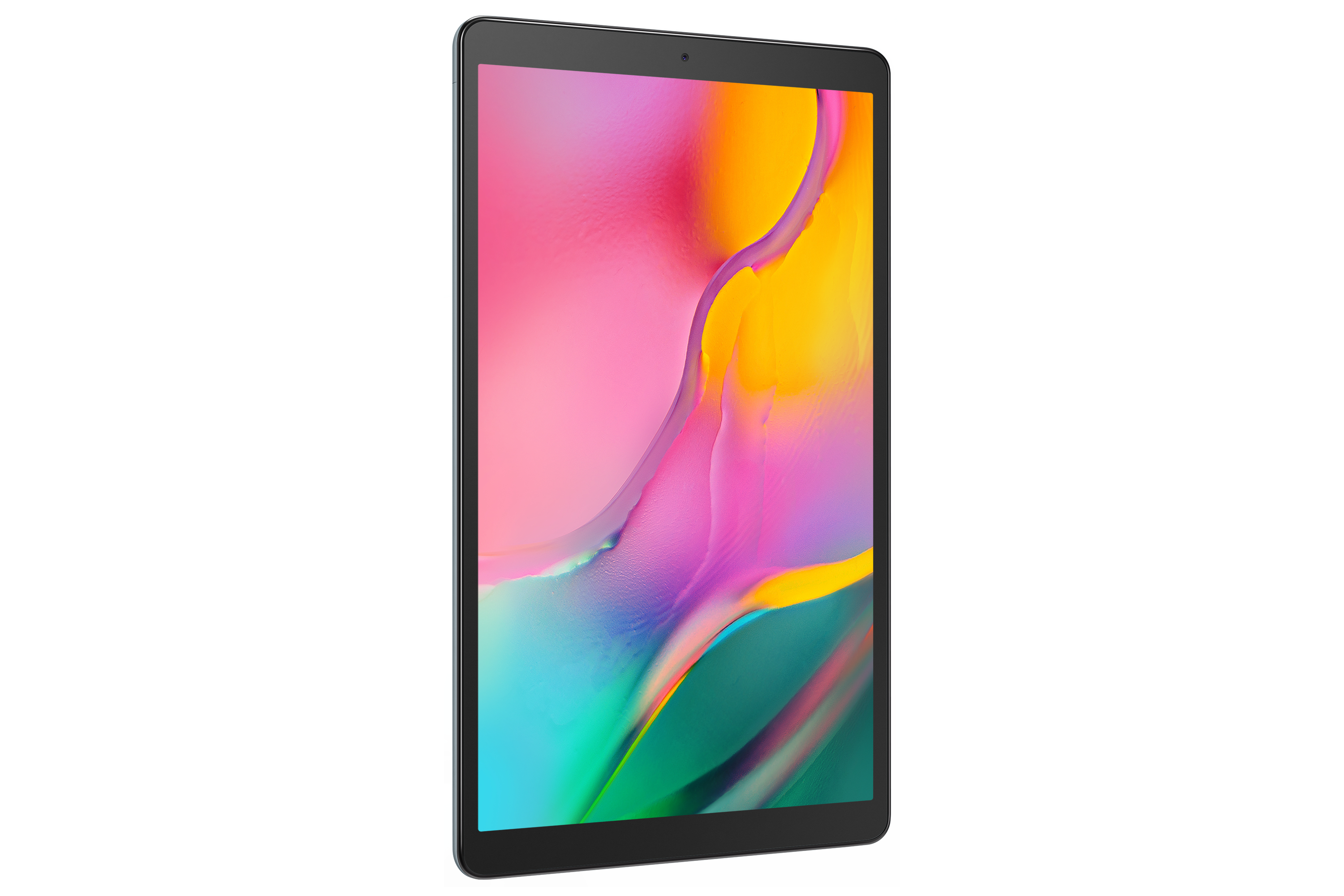 Tablet mit farbenfrohem Bildschirm. Schwarzer Rahmen, weißer Hintergrund. Display zeigt abstrakte Kunst.