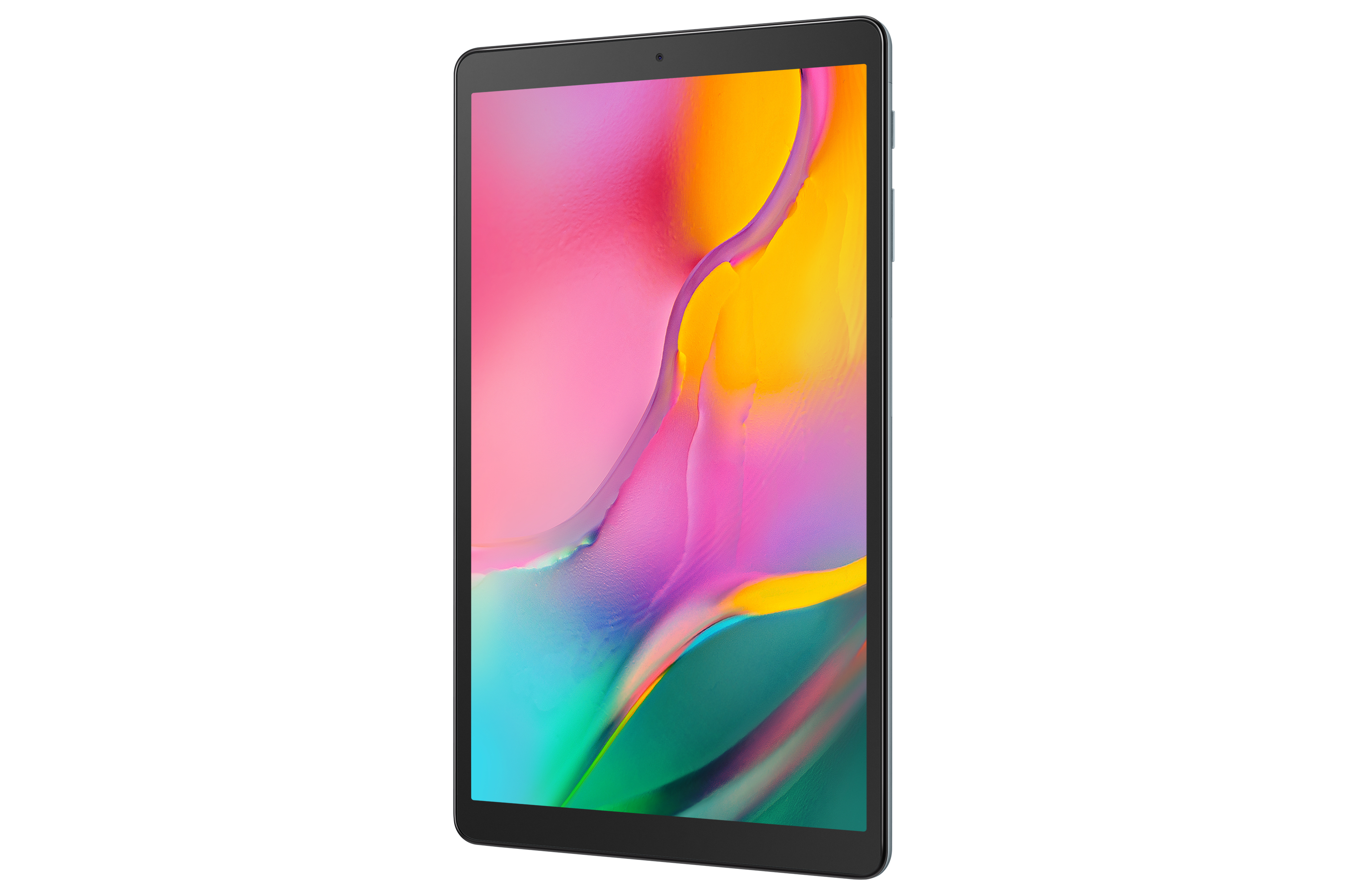 Ein schwarzes Tablet mit farbenfrohem Display, das ein rosa-gelbes Bild zeigt.