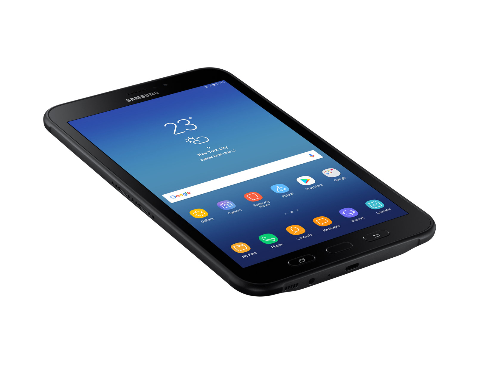 Schwarzes Tablet mit blauem Bildschirm, Wetter, Apps. Samsung-Logo sichtbar. Weißer Hintergrund.