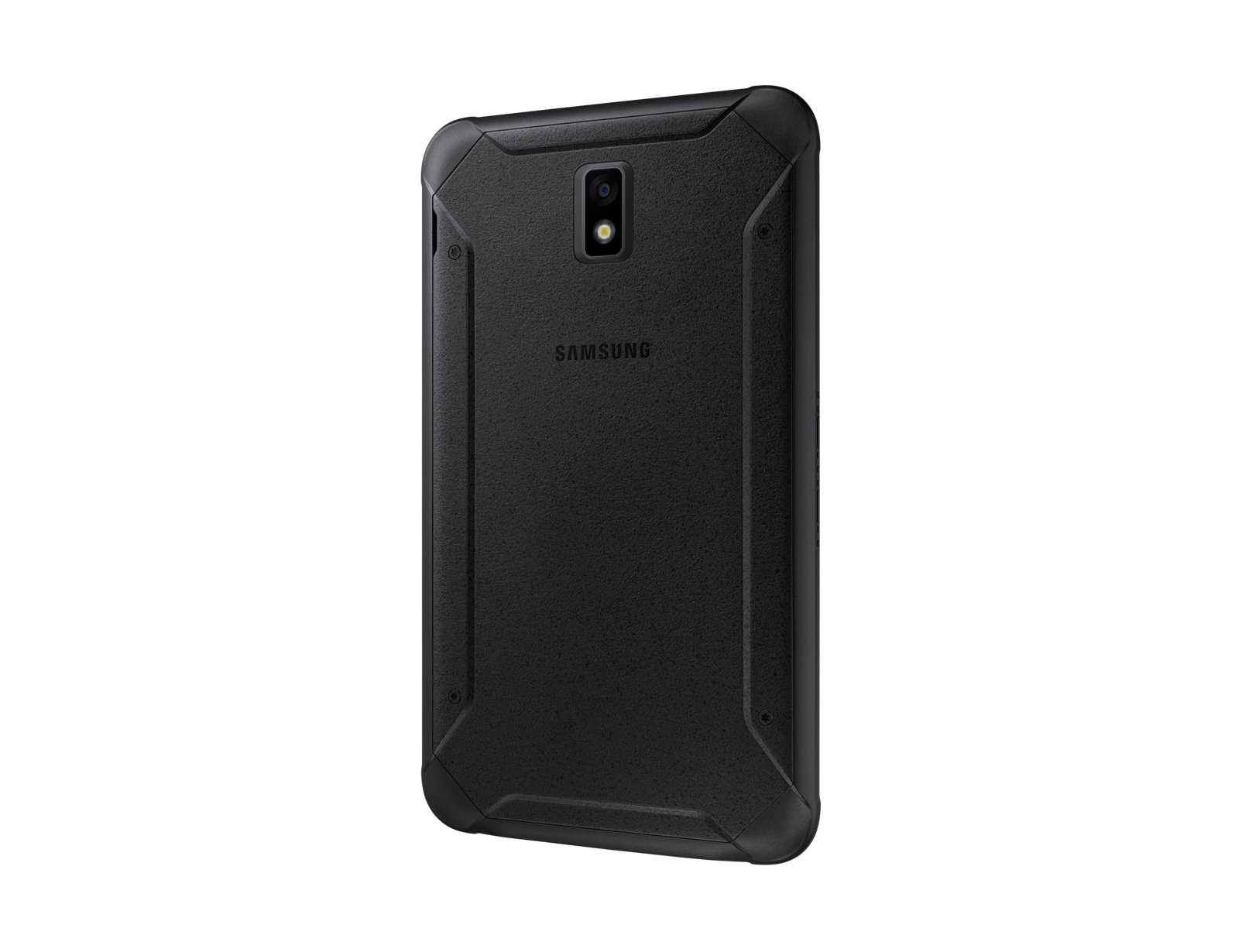 Schwarzes, robustes Tablet mit Kamera und Samsung-Logo, auf weißem Hintergrund.