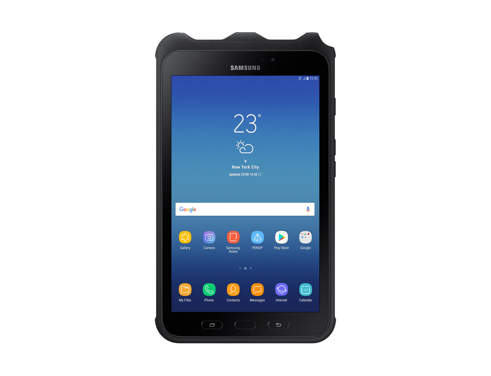 Schwarzes Samsung-Tablet, das den Startbildschirm mit App-Symbolen zeigt.