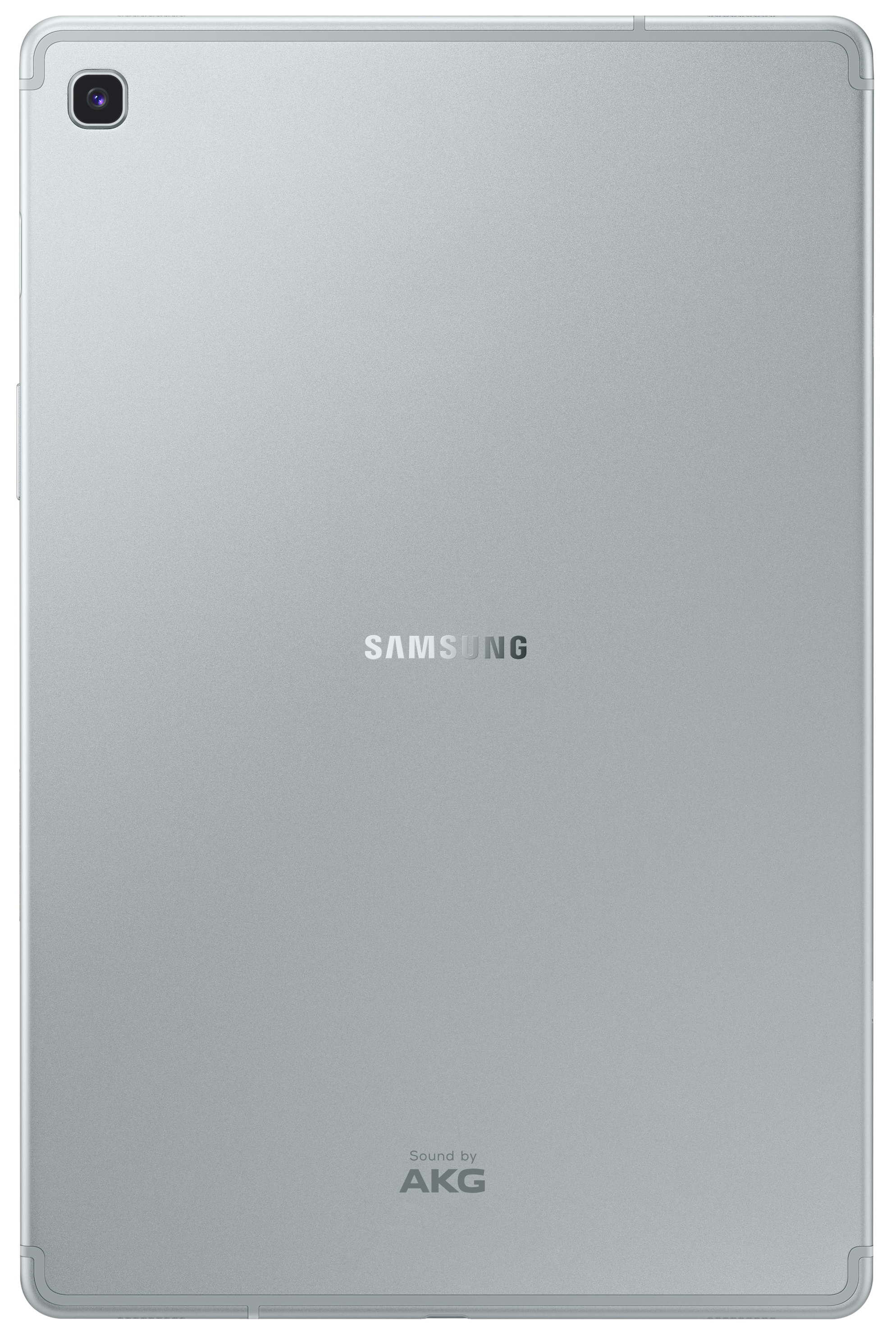 Rückansicht eines silbernen Tablets mit Samsung- und AKG-Logos, weißer Hintergrund.