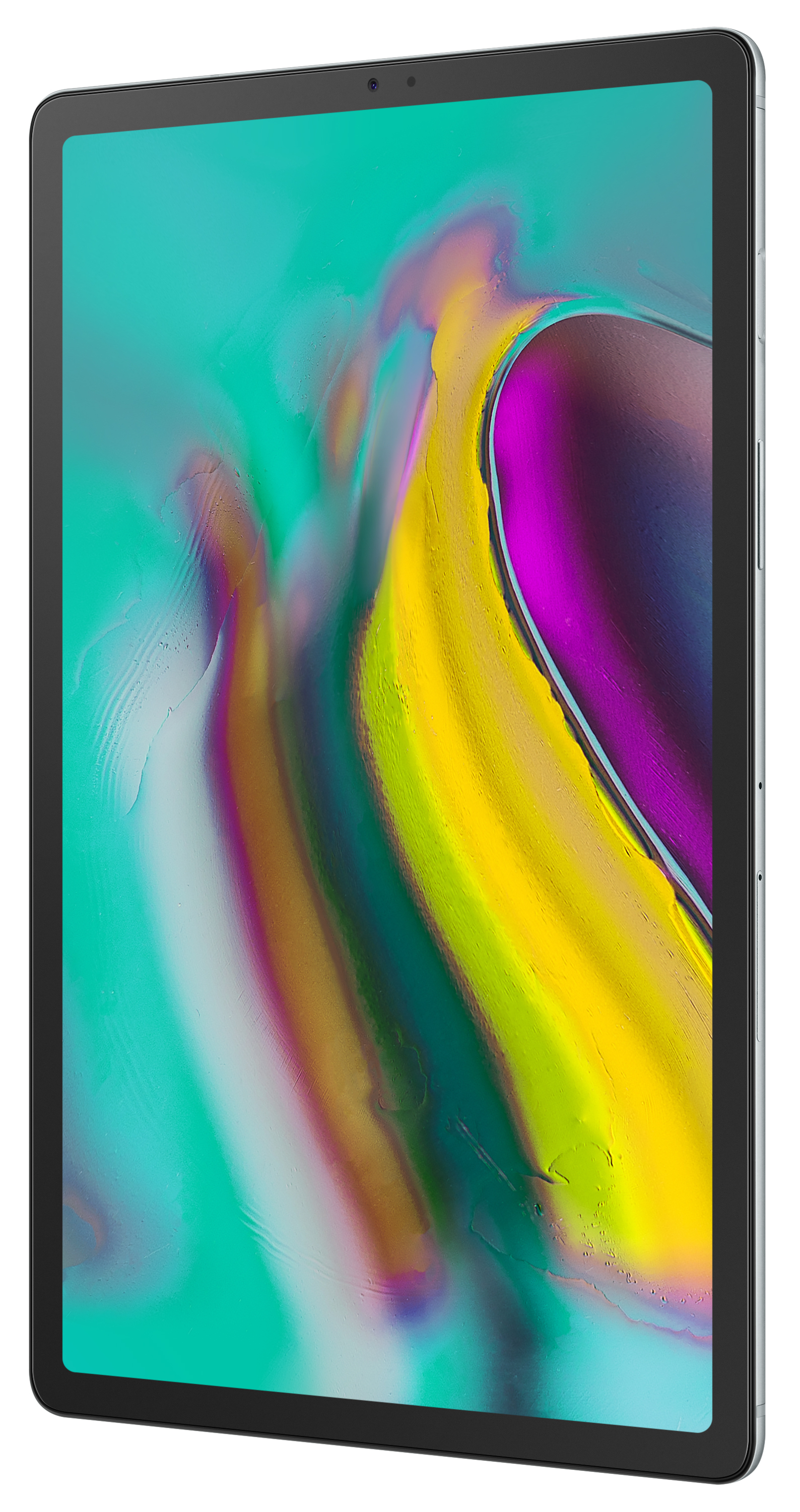 Ein Tablet wird gezeigt, mit einem großen Bildschirm mit einem farbenfrohen, abstrakten Hintergrund, abgewinkelt, um den Bildschirm zu zeigen.